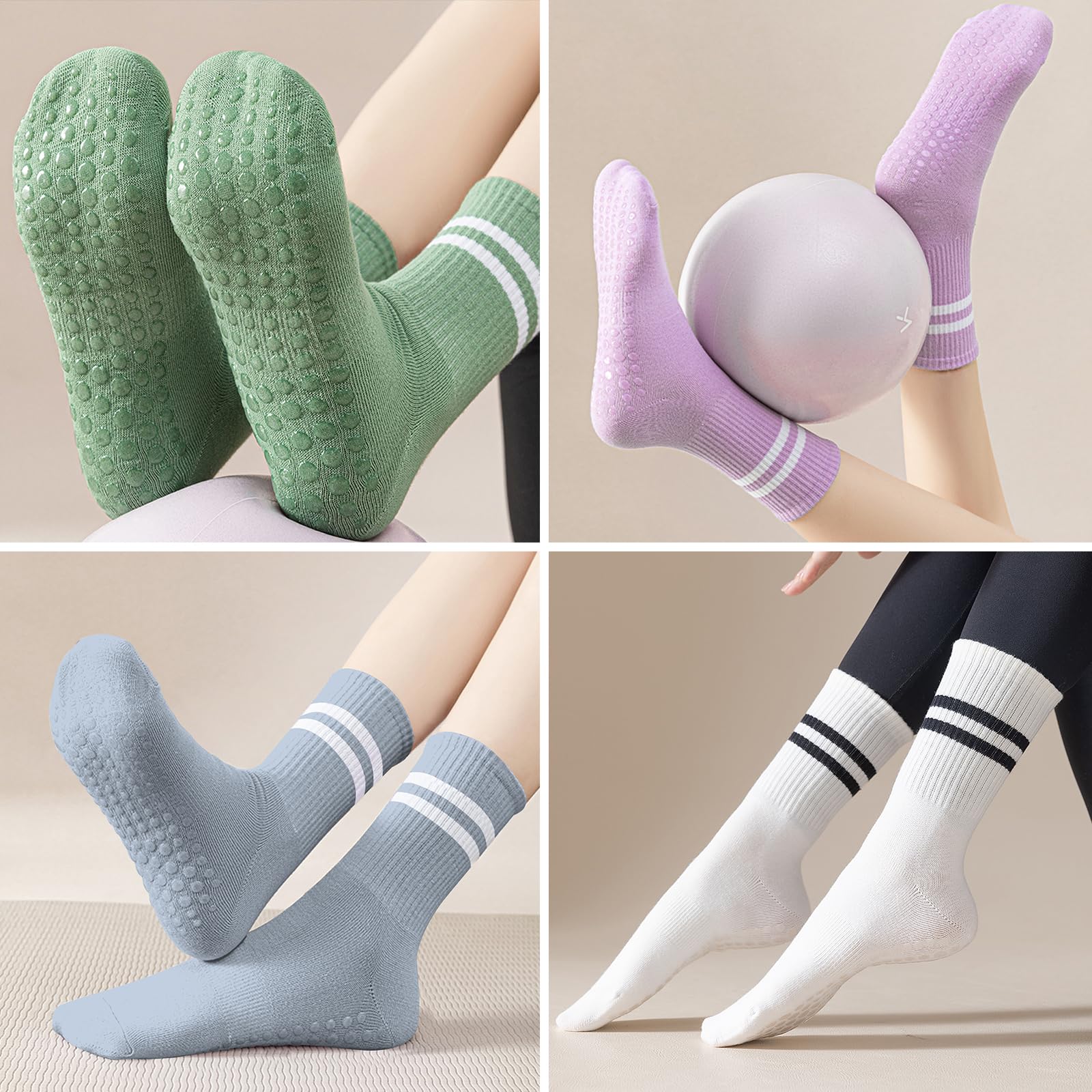 3 Pairs Pilates Socks with Grips-Black Grey Brown - Image 6