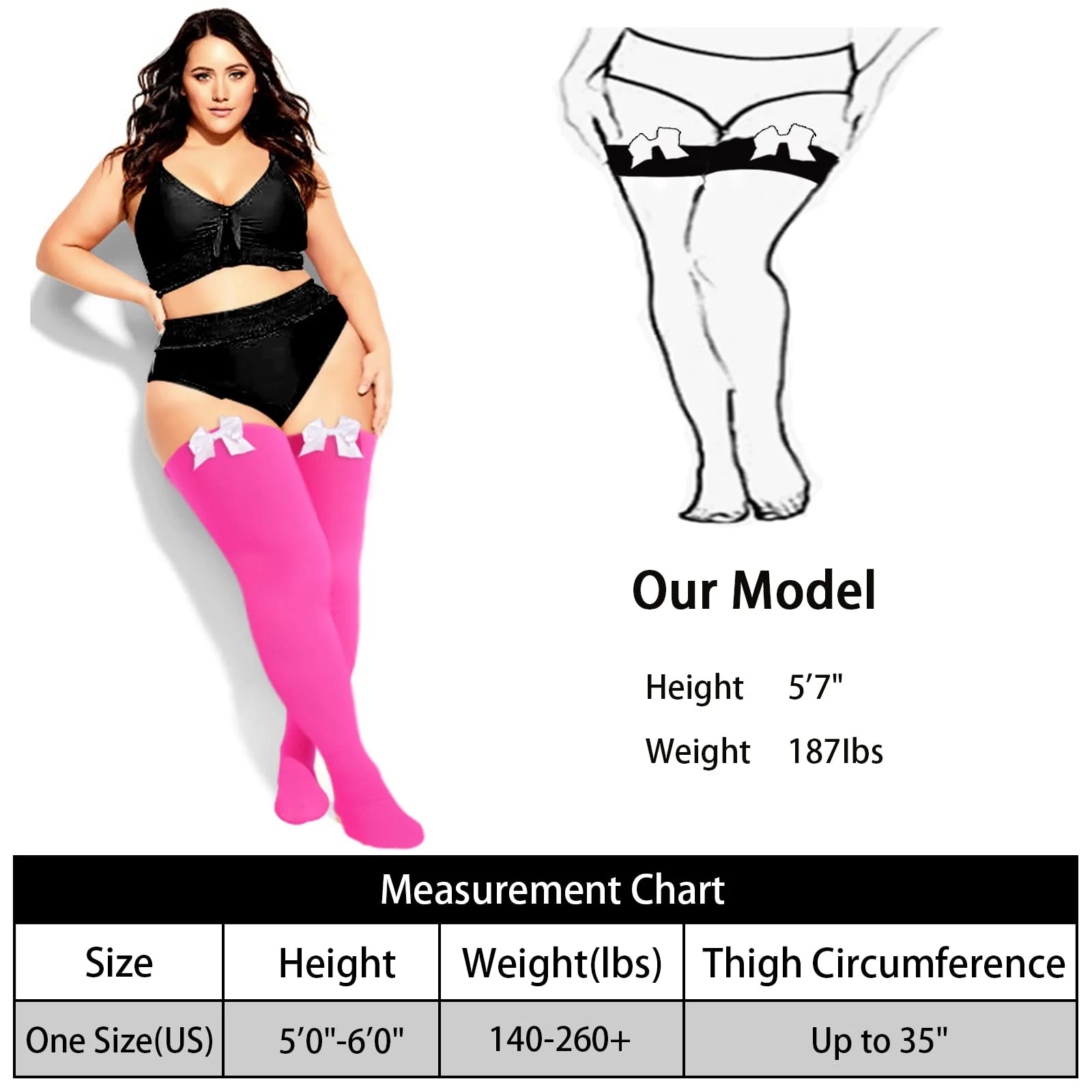 3 Pairs Women Plus Size Bow Thigh Highs Stockings-White & Black & Pink - Image 3