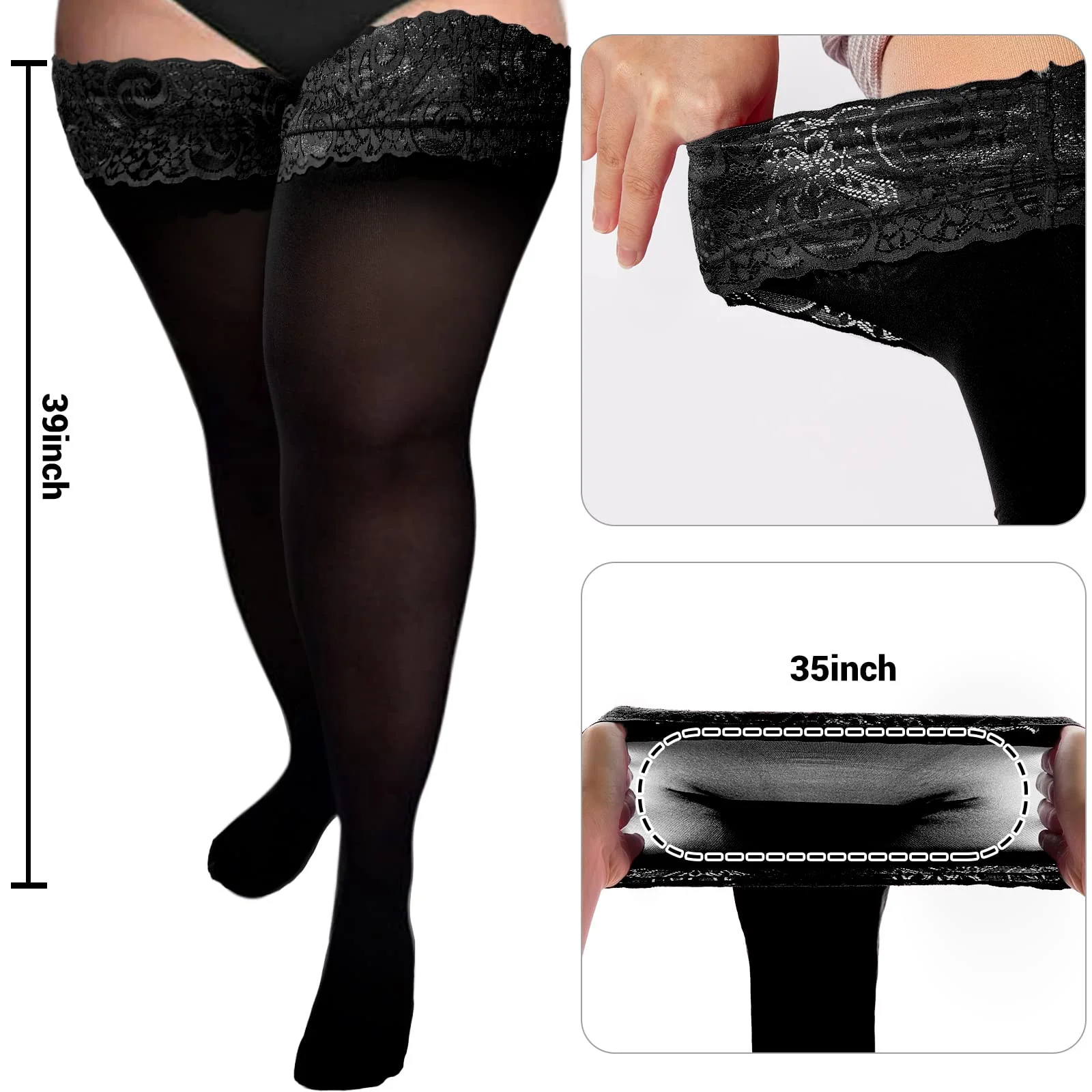 55D Semi Sheer Silicone Lace Stay Up Thigh Highs Pantyhose-Black - Image 3