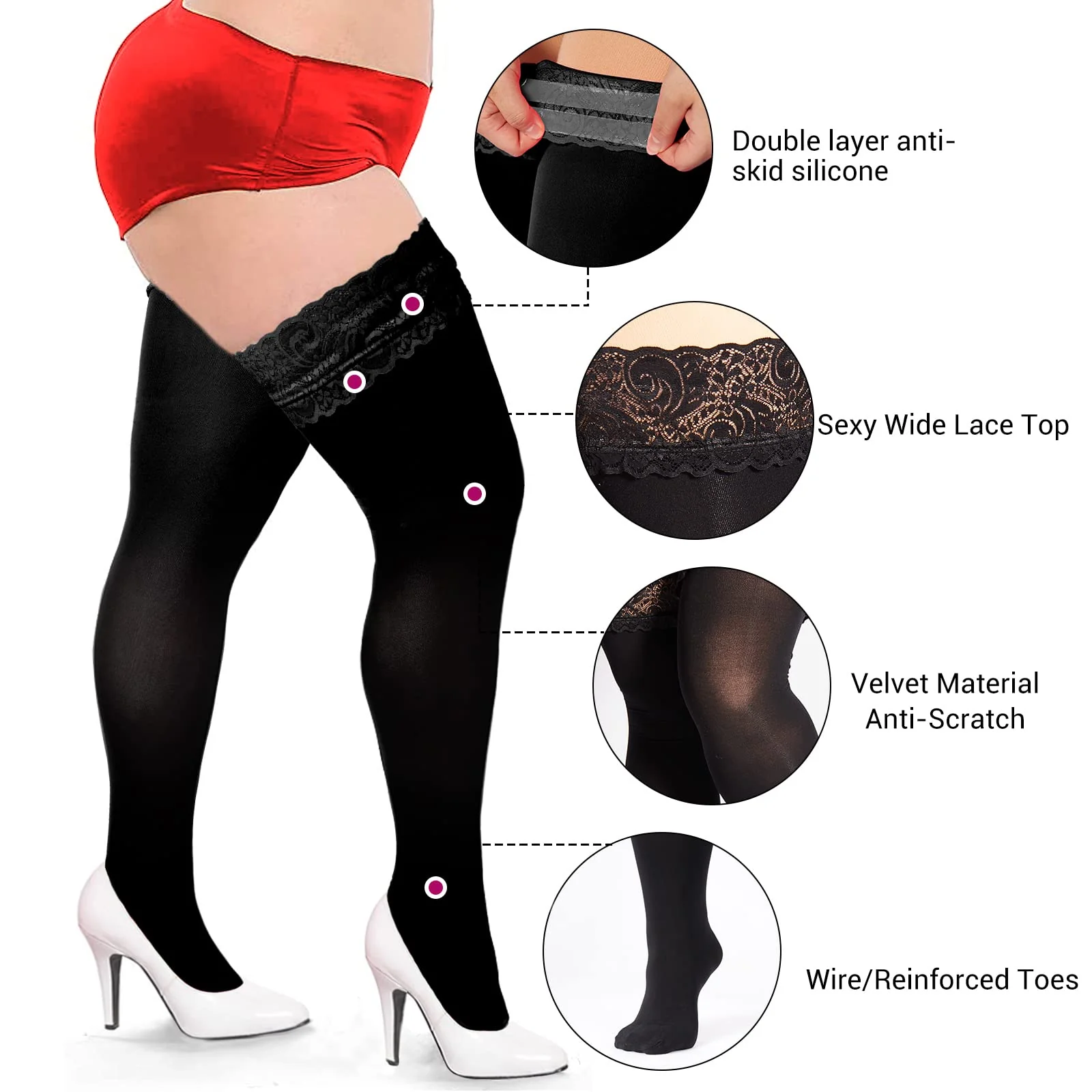 55D Semi Sheer Silicone Lace Stay Up Thigh Highs Pantyhose-Black - Image 4