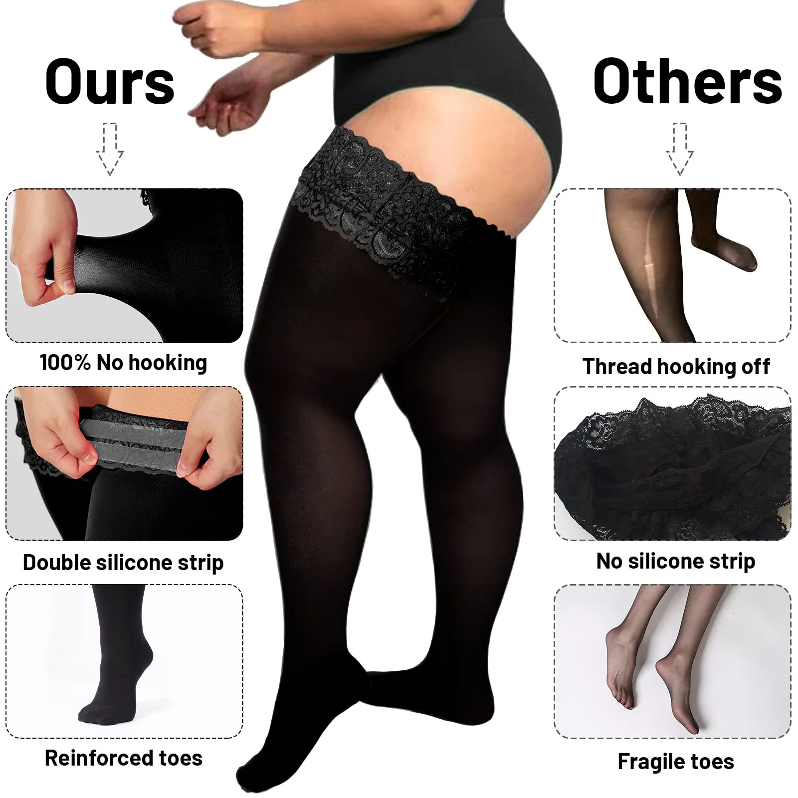 55D Semi Sheer Silicone Lace Stay Up Thigh Highs Pantyhose-Black - Image 5