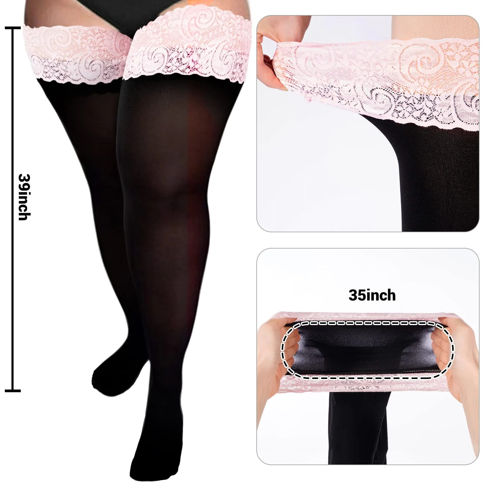 55D Semi Sheer Silicone Lace Stay Up Thigh Highs Pantyhose-Black & Light Lace - Image 3