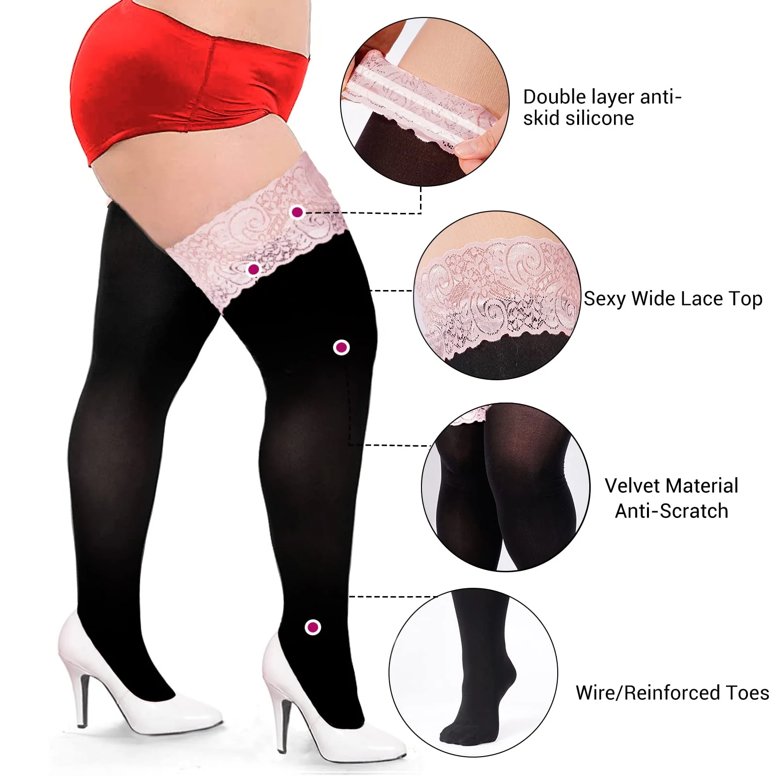 55D Semi Sheer Silicone Lace Stay Up Thigh Highs Pantyhose-Black & Light Lace - Image 4