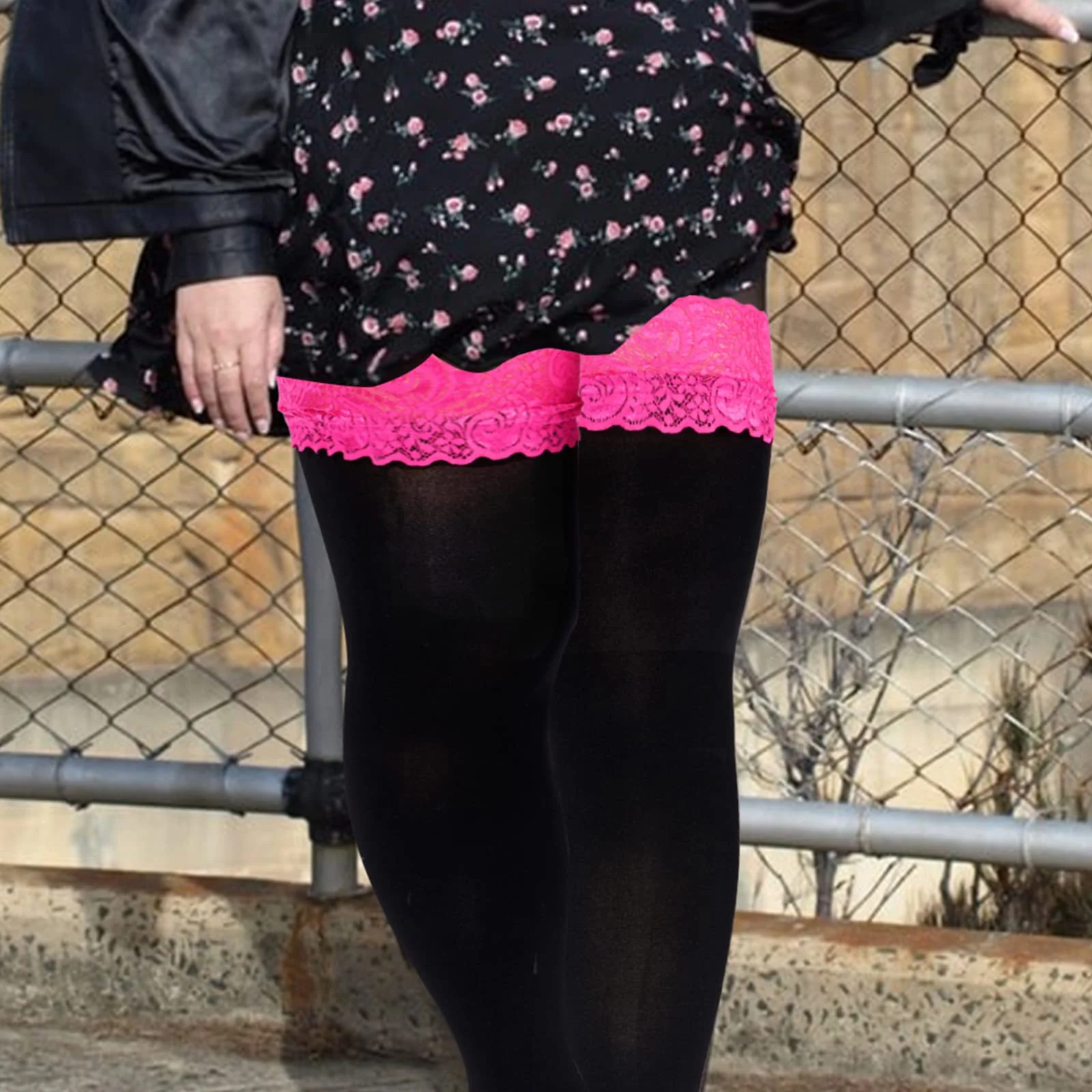 55D Semi Sheer Silicone Lace Stay Up Thigh Highs Pantyhose-Black & Purple Lace - Image 3