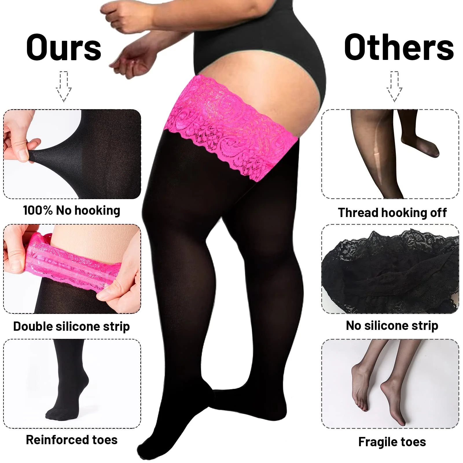 55D Semi Sheer Silicone Lace Stay Up Thigh Highs Pantyhose-Black & Purple Lace - Image 6