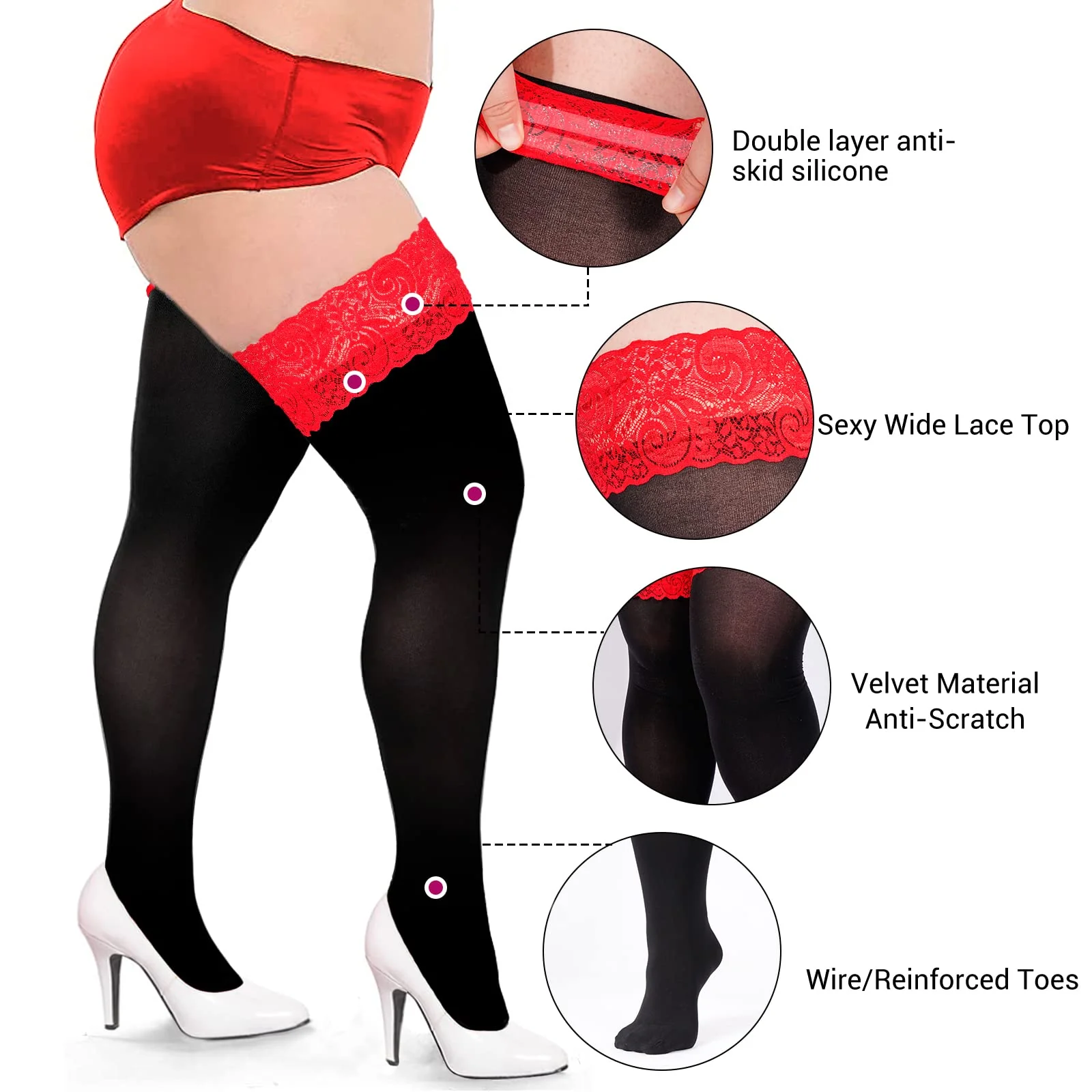 55D Semi Sheer Silicone Lace Stay Up Thigh Highs Pantyhose-Black & Red Lace - Image 3