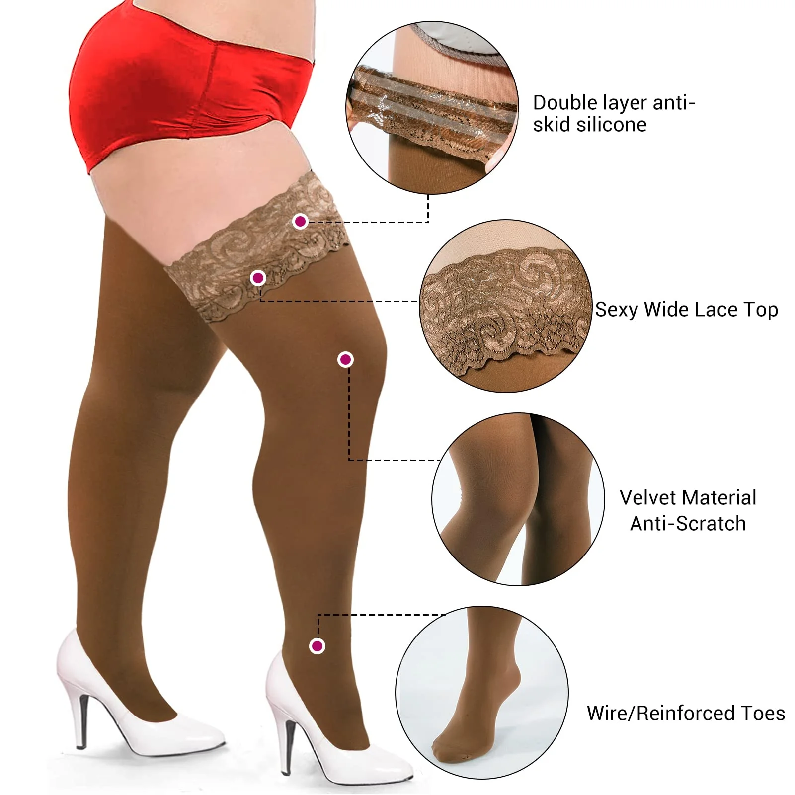 55D Semi Sheer Silicone Lace Stay Up Thigh Highs Pantyhose-Coffee - Image 3