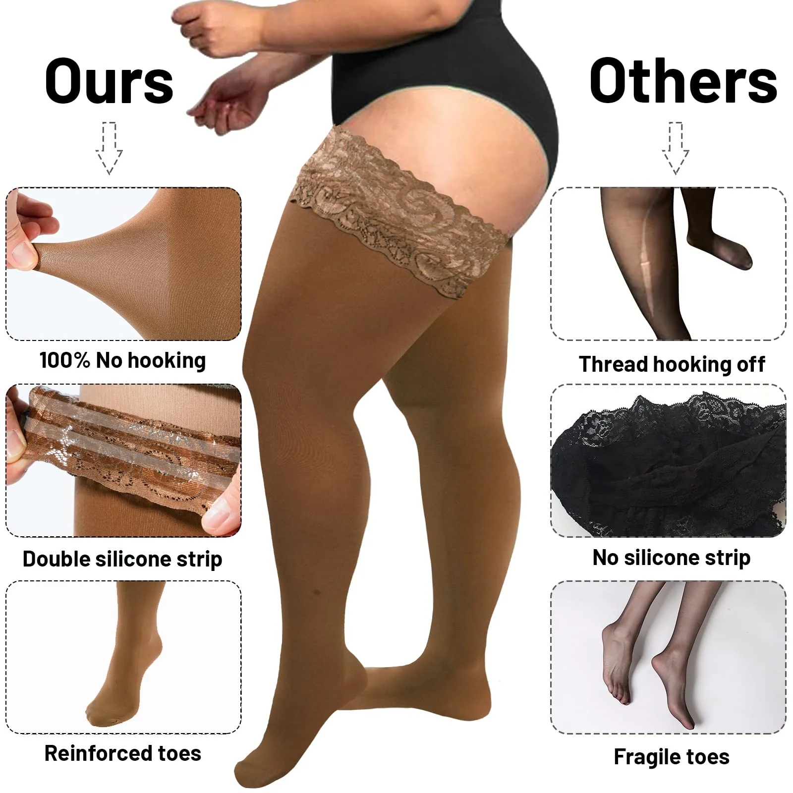 55D Semi Sheer Silicone Lace Stay Up Thigh Highs Pantyhose-Coffee - Image 4