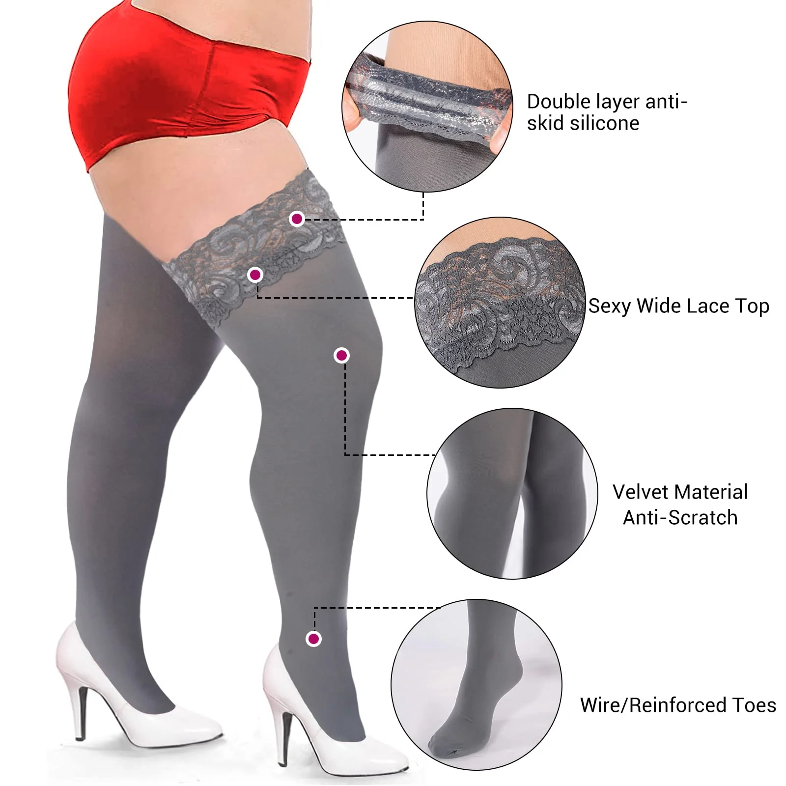 55D Semi Sheer Silicone Lace Stay Up Thigh Highs Pantyhose-Dark Grey - Image 3