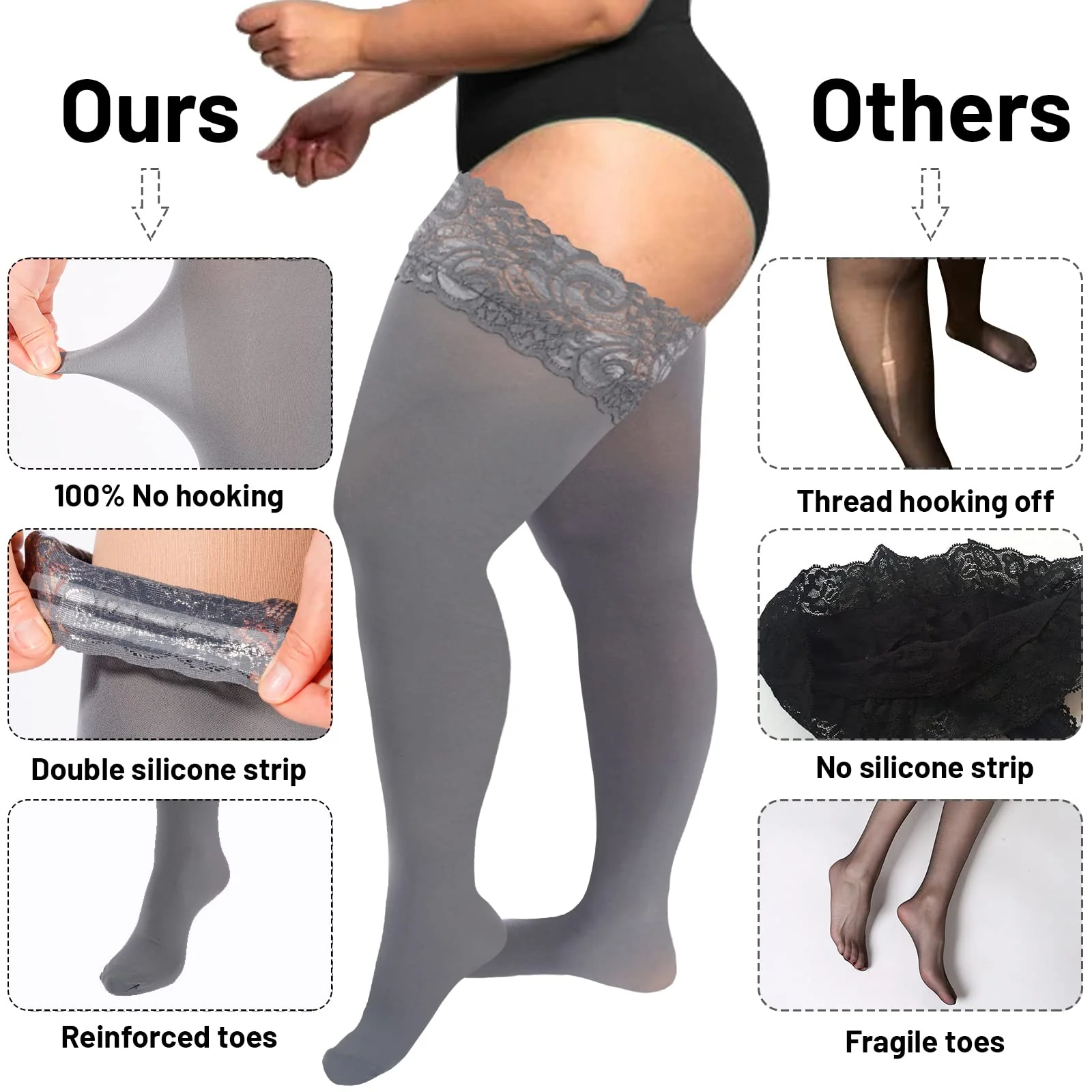 55D Semi Sheer Silicone Lace Stay Up Thigh Highs Pantyhose-Dark Grey - Image 4