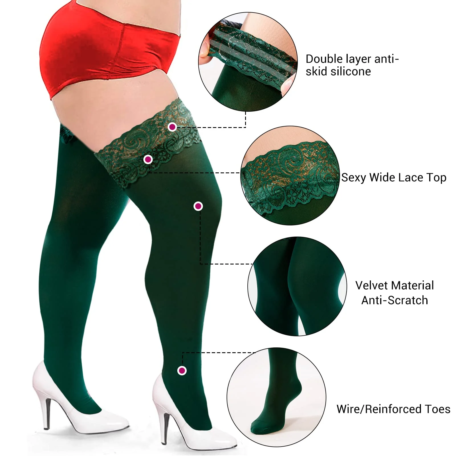 55D Semi Sheer Silicone Lace Stay Up Thigh Highs Pantyhose-Green - Image 3