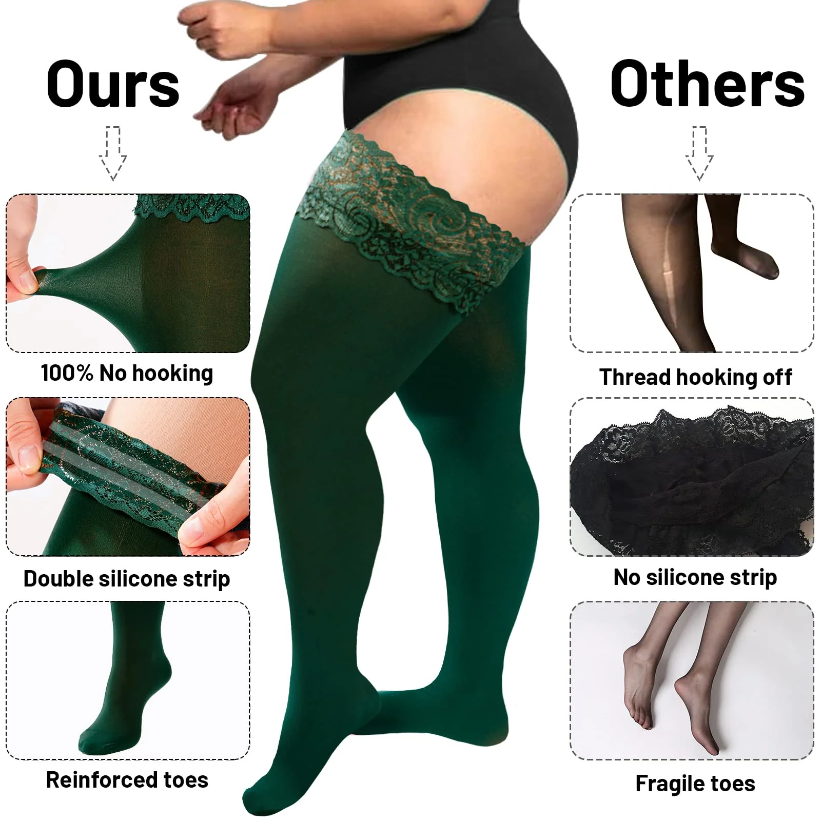 55D Semi Sheer Silicone Lace Stay Up Thigh Highs Pantyhose-Green - Image 4