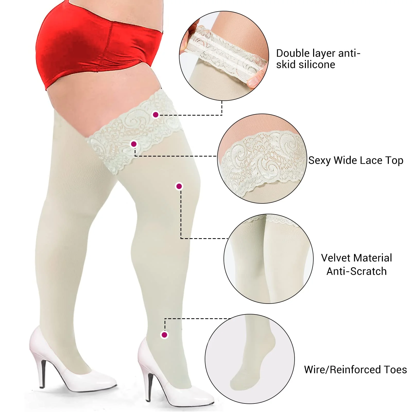 55D Semi Sheer Silicone Lace Stay Up Thigh Highs Pantyhose-Light Grey - Image 3