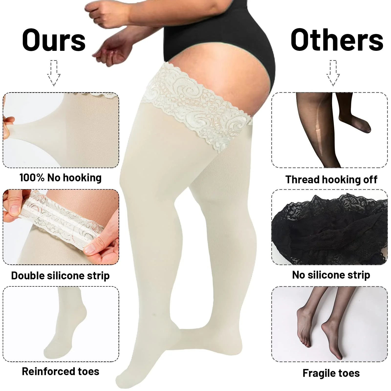 55D Semi Sheer Silicone Lace Stay Up Thigh Highs Pantyhose-Light Grey - Image 4