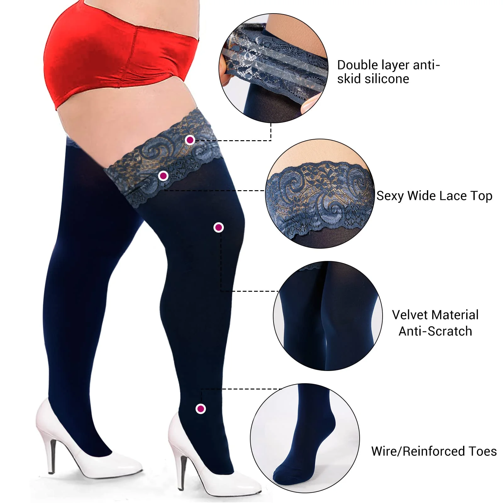 55D Semi Sheer Silicone Lace Stay Up Thigh Highs Pantyhose-Navy Blue - Image 3