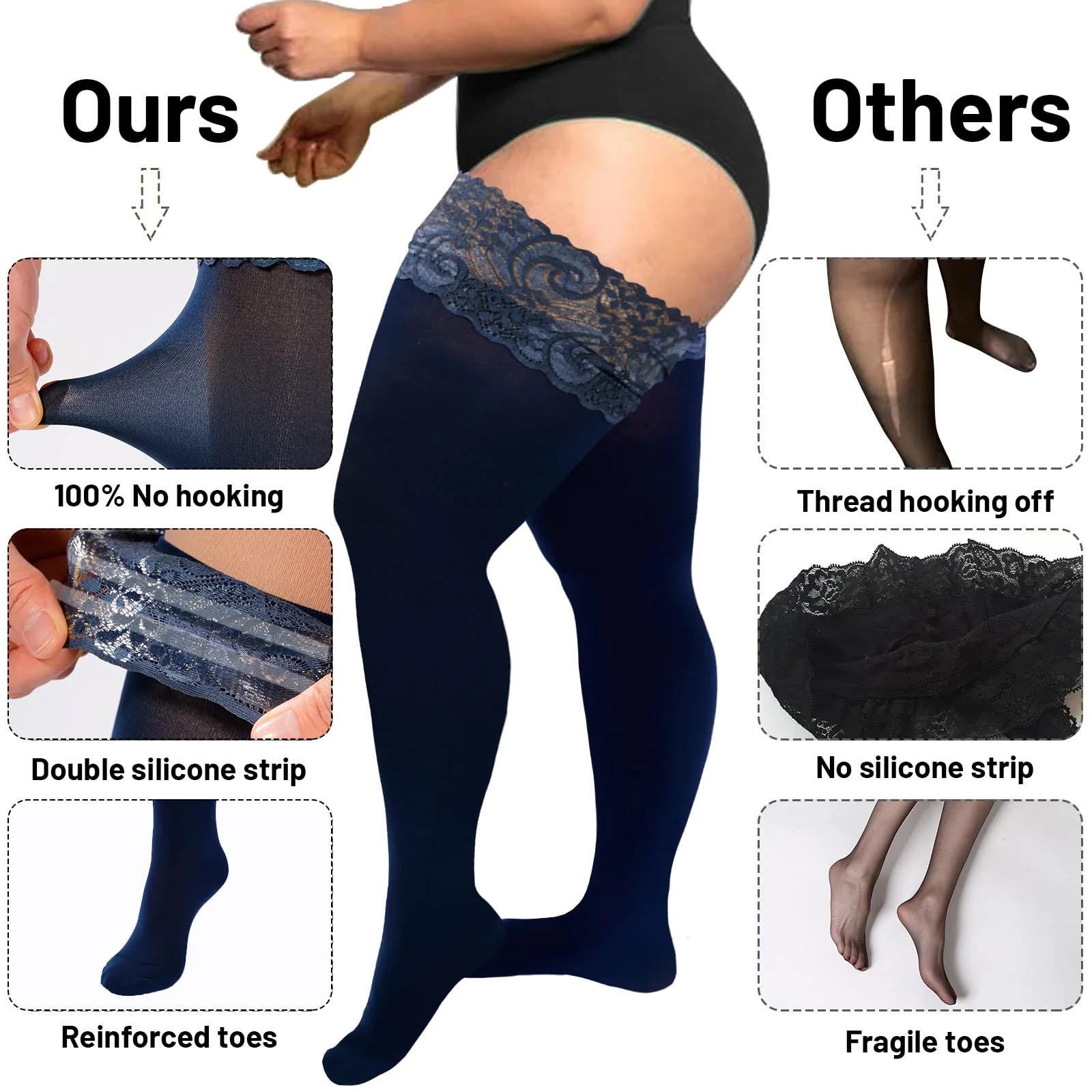 55D Semi Sheer Silicone Lace Stay Up Thigh Highs Pantyhose-Navy Blue - Image 4