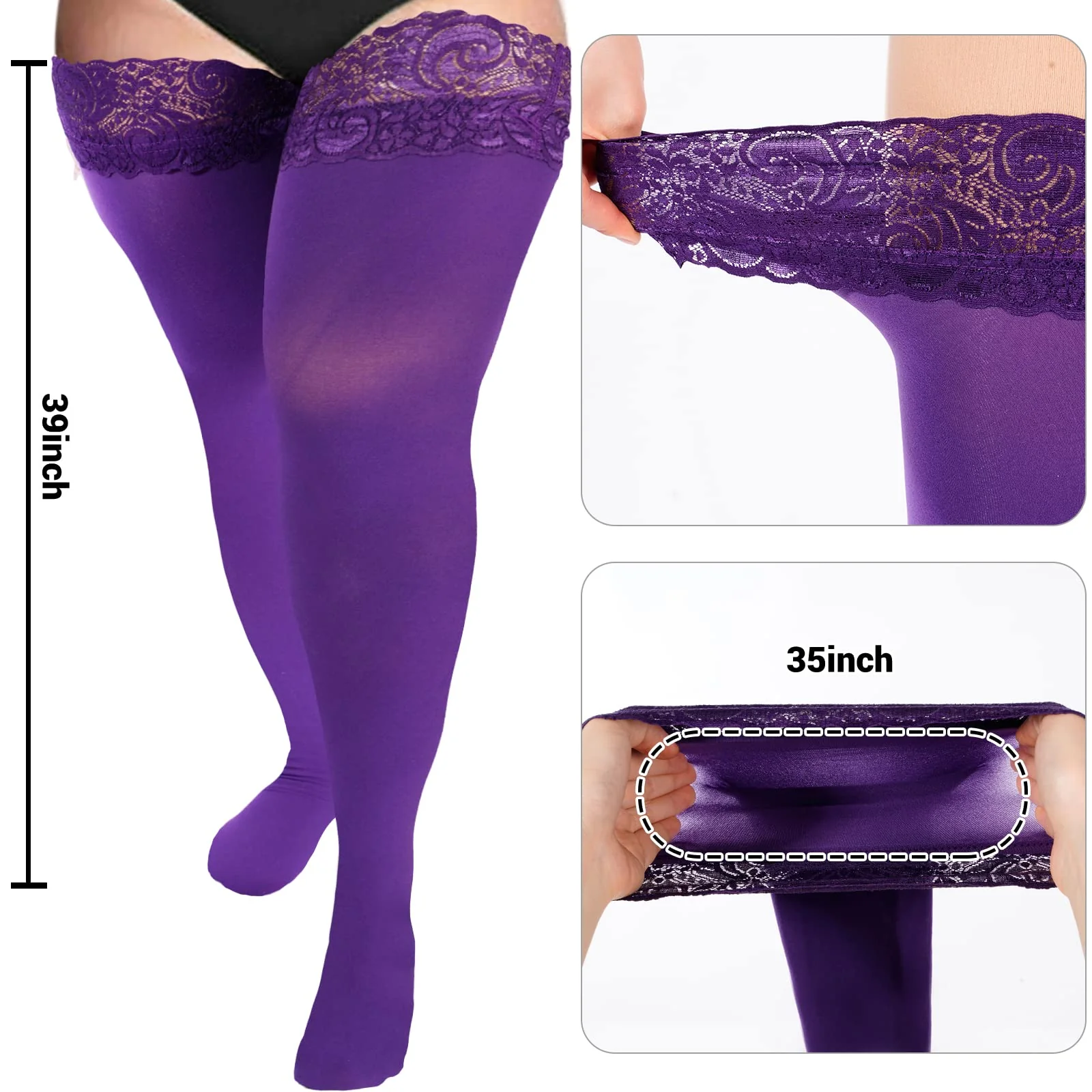 55D Semi Sheer Silicone Lace Stay Up Thigh Highs Pantyhose-Violet - Image 3
