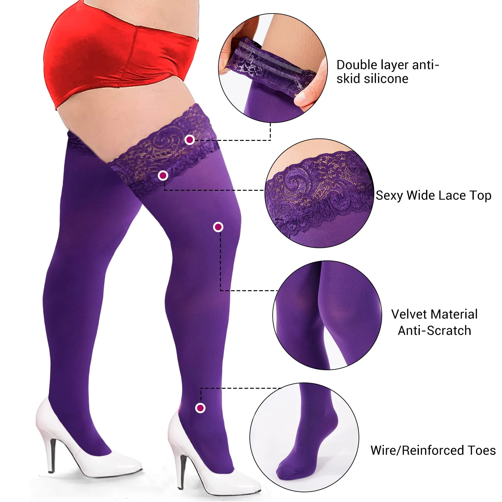 55D Semi Sheer Silicone Lace Stay Up Thigh Highs Pantyhose-Violet - Image 4