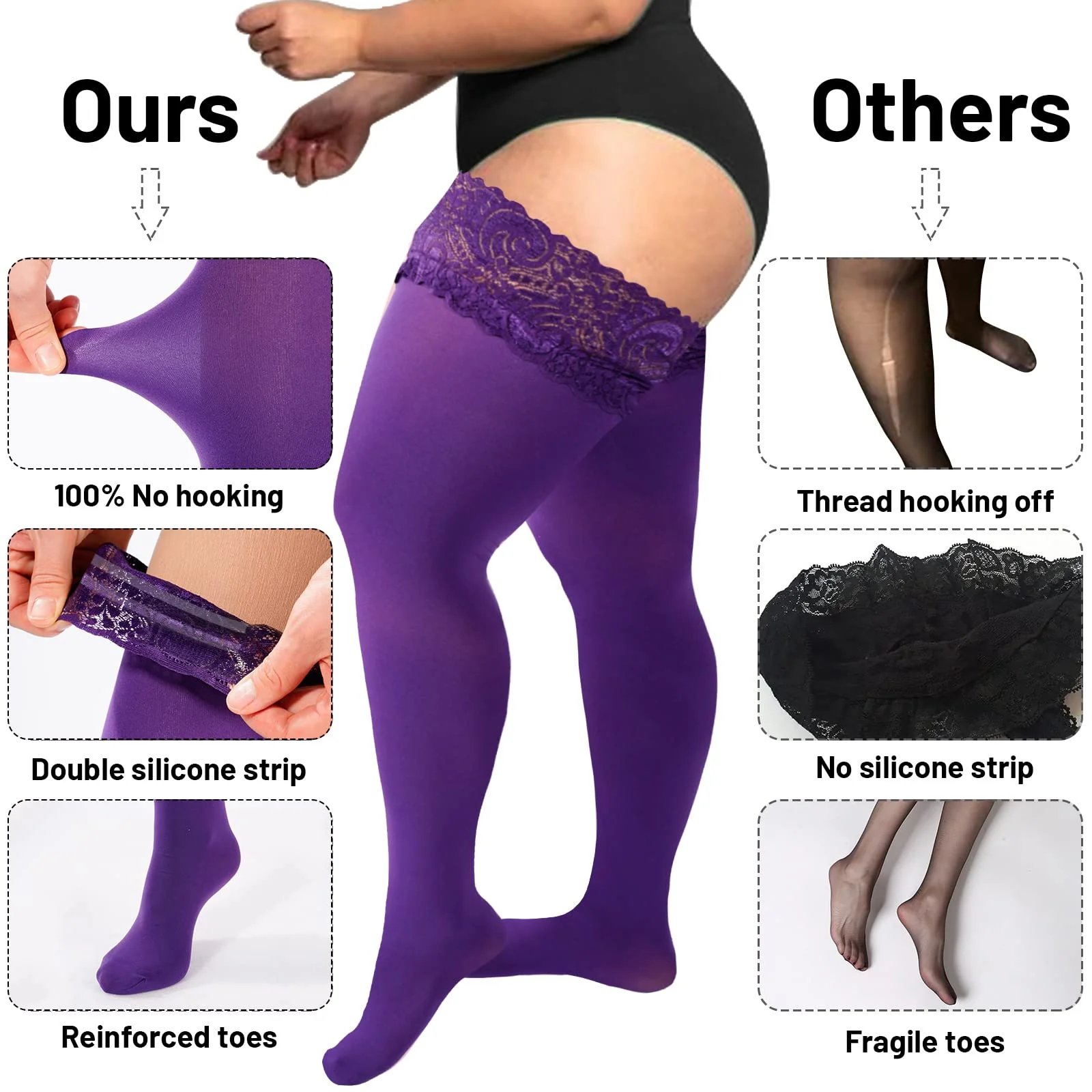 55D Semi Sheer Silicone Lace Stay Up Thigh Highs Pantyhose-Violet - Image 5