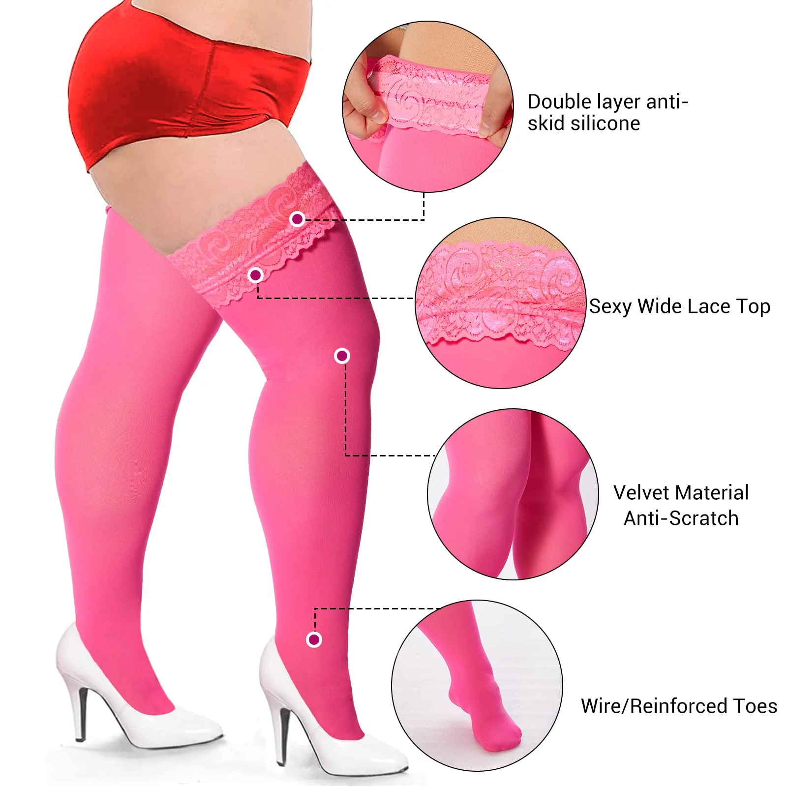 55D Semi Sheer Silicone Lace Stay Up Thigh Highs- Pink - Image 3