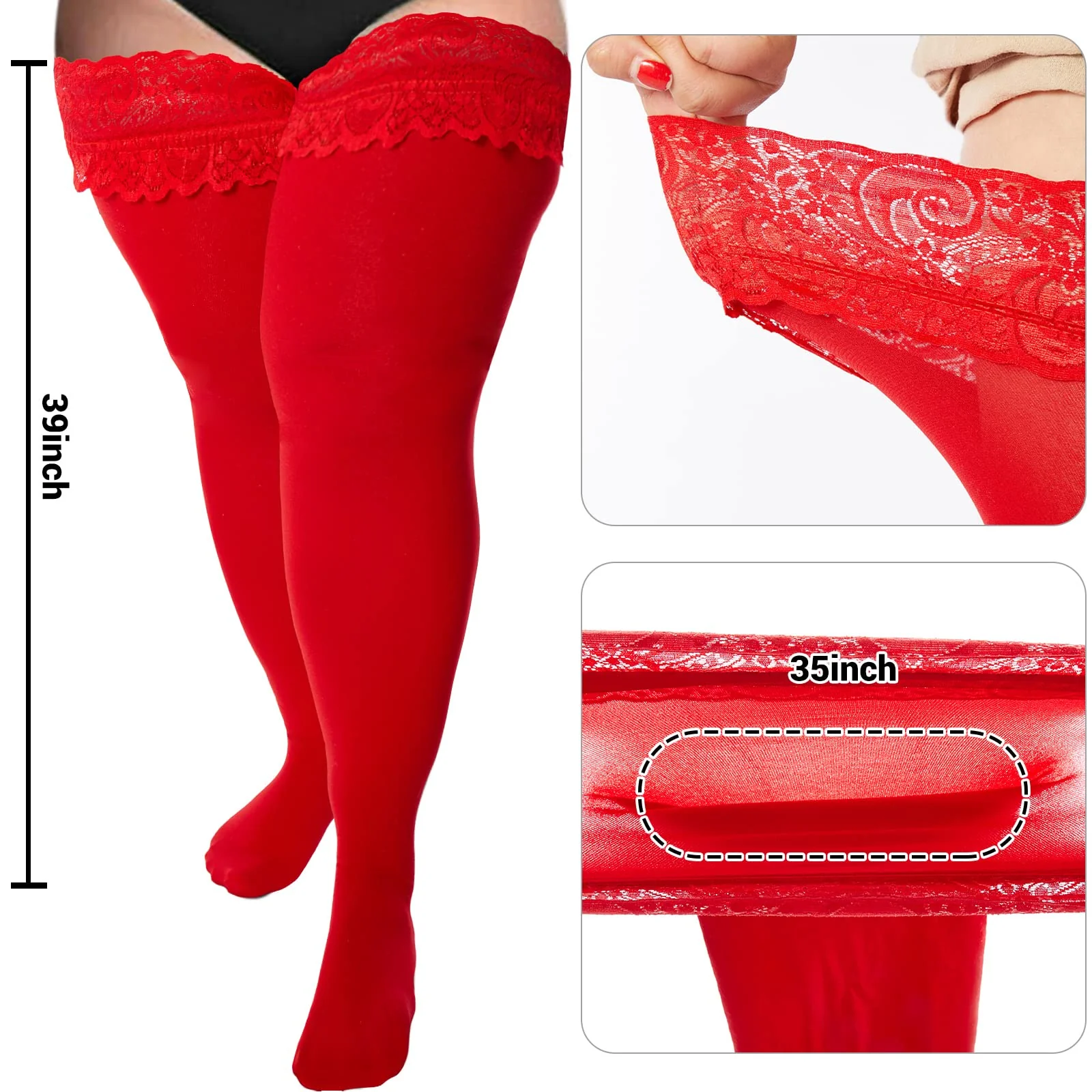 55D Semi Sheer Silicone Lace Stay Up Thigh Highs- Red - Image 4