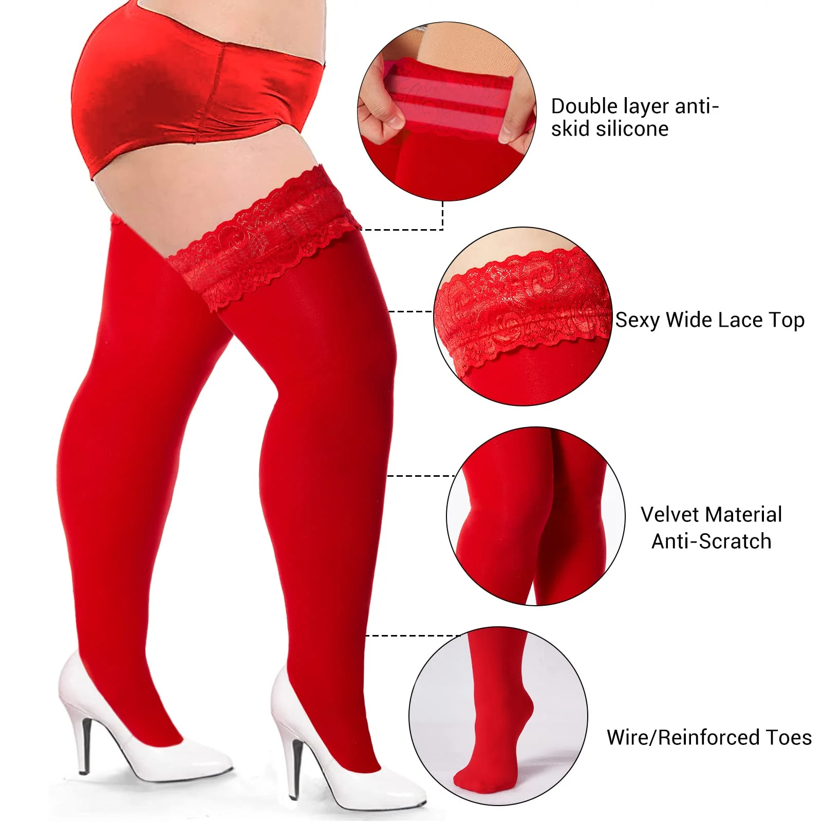 55D Semi Sheer Silicone Lace Stay Up Thigh Highs- Red - Image 5