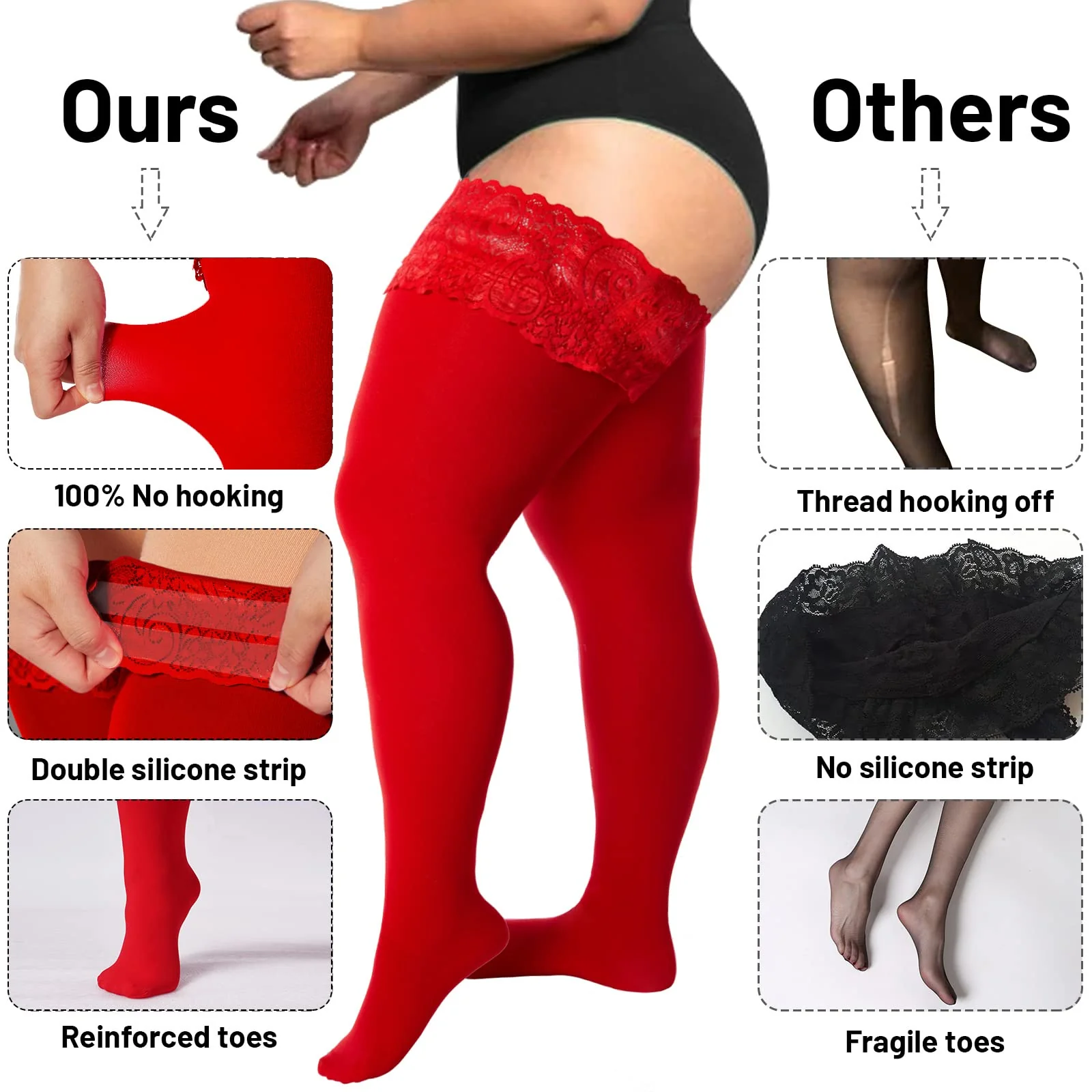 55D Semi Sheer Silicone Lace Stay Up Thigh Highs- Red - Image 6