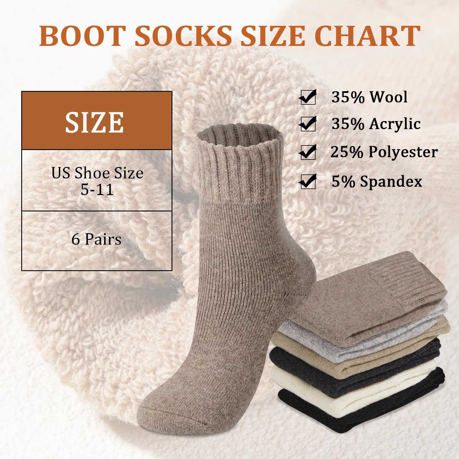 6 Pairs Wool Boot Socks for Women Winter Classic Color - Image 4