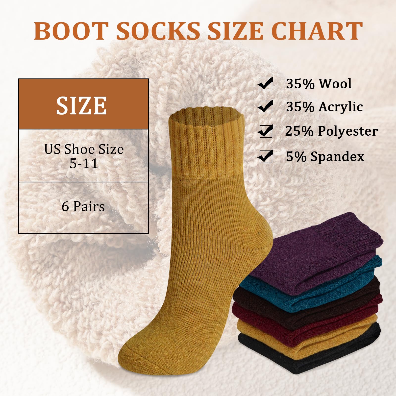 6 Pairs Wool Boot Socks for Women Winter Dark Color - Image 3