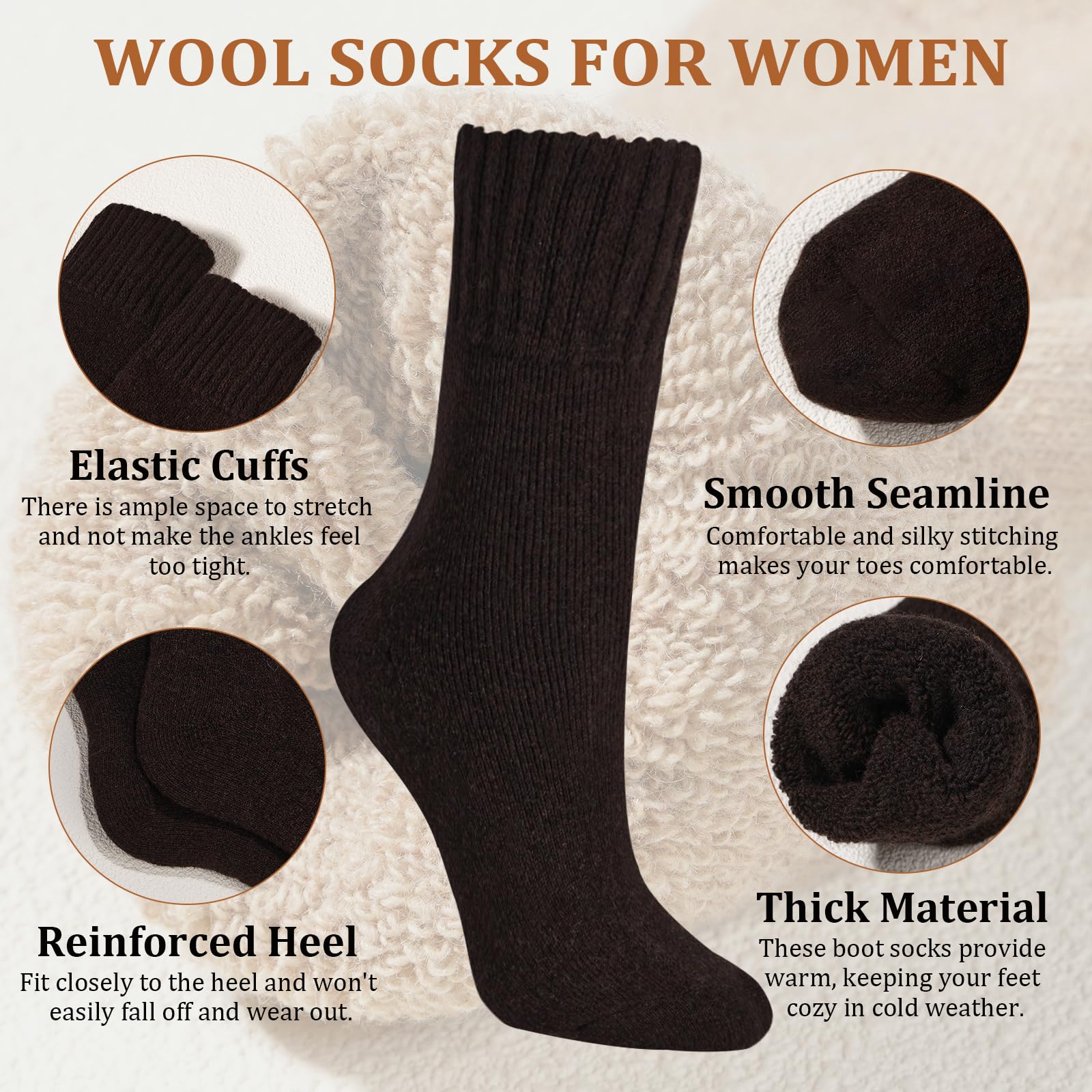 6 Pairs Wool Boot Socks for Women Winter Dark Color - Image 4