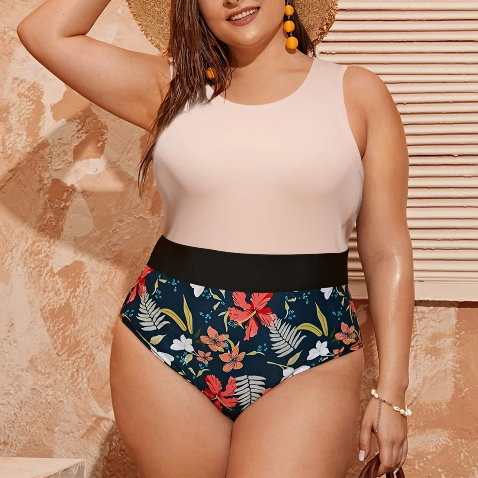 Crew Neck Sleeveless Slick Plus Size Bodysuit for Women - Beige - Image 3