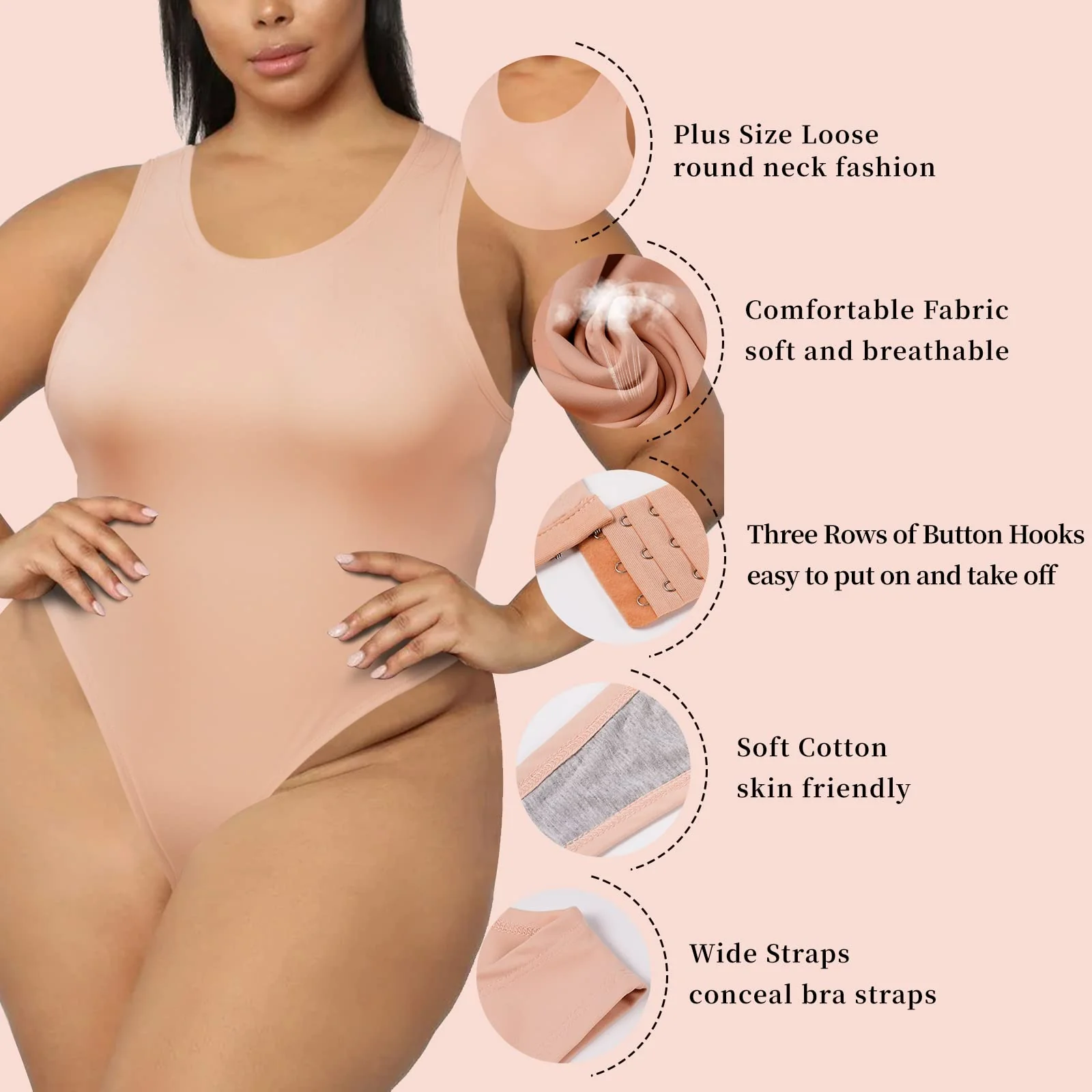 Crew Neck Sleeveless Slick Plus Size Bodysuit for Women - Beige - Image 5