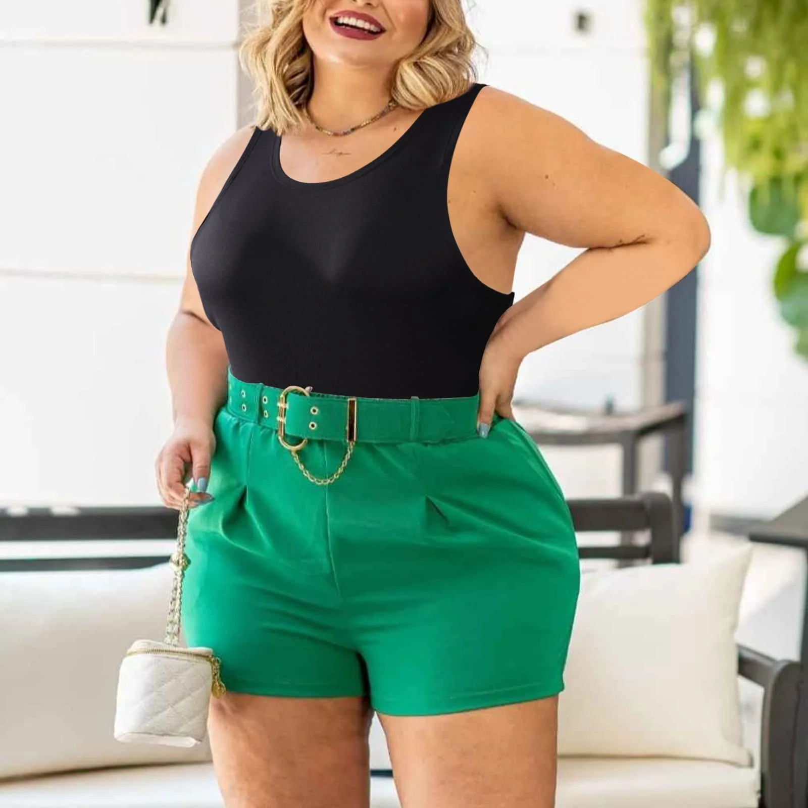 Crew Neck Sleeveless Slick Plus Size Bodysuit for Women - Black - Image 3