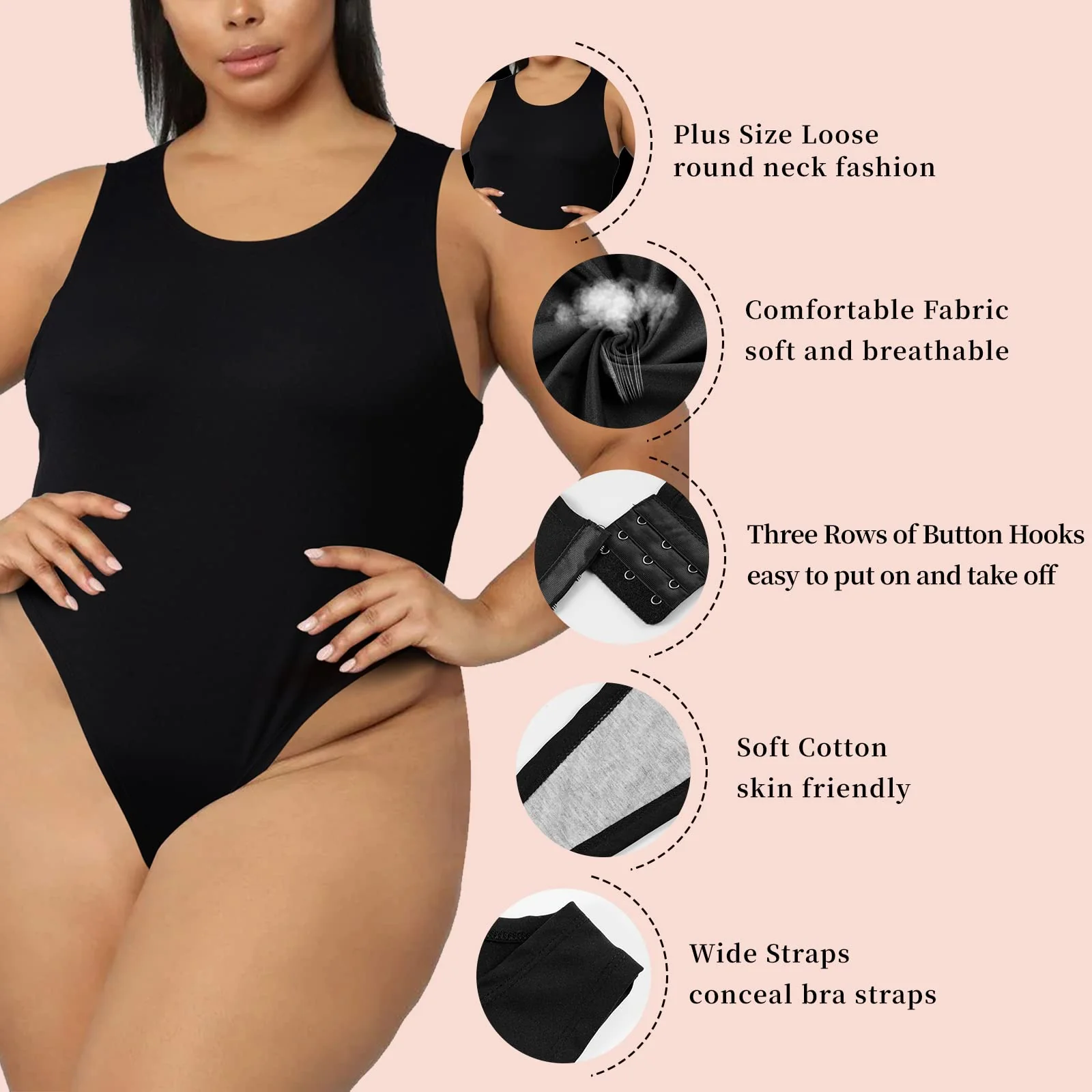 Crew Neck Sleeveless Slick Plus Size Bodysuit for Women - Black - Image 5