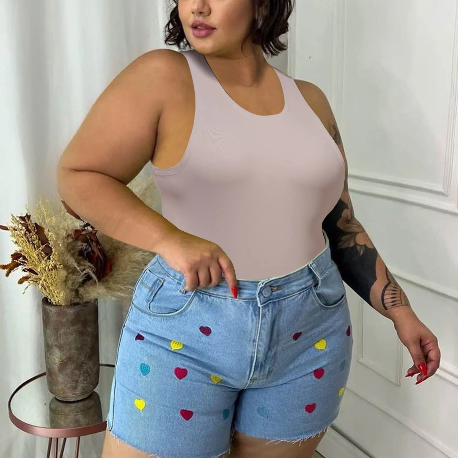 Crew Neck Sleeveless Slick Plus Size Bodysuit for Women - Khaki - Image 3