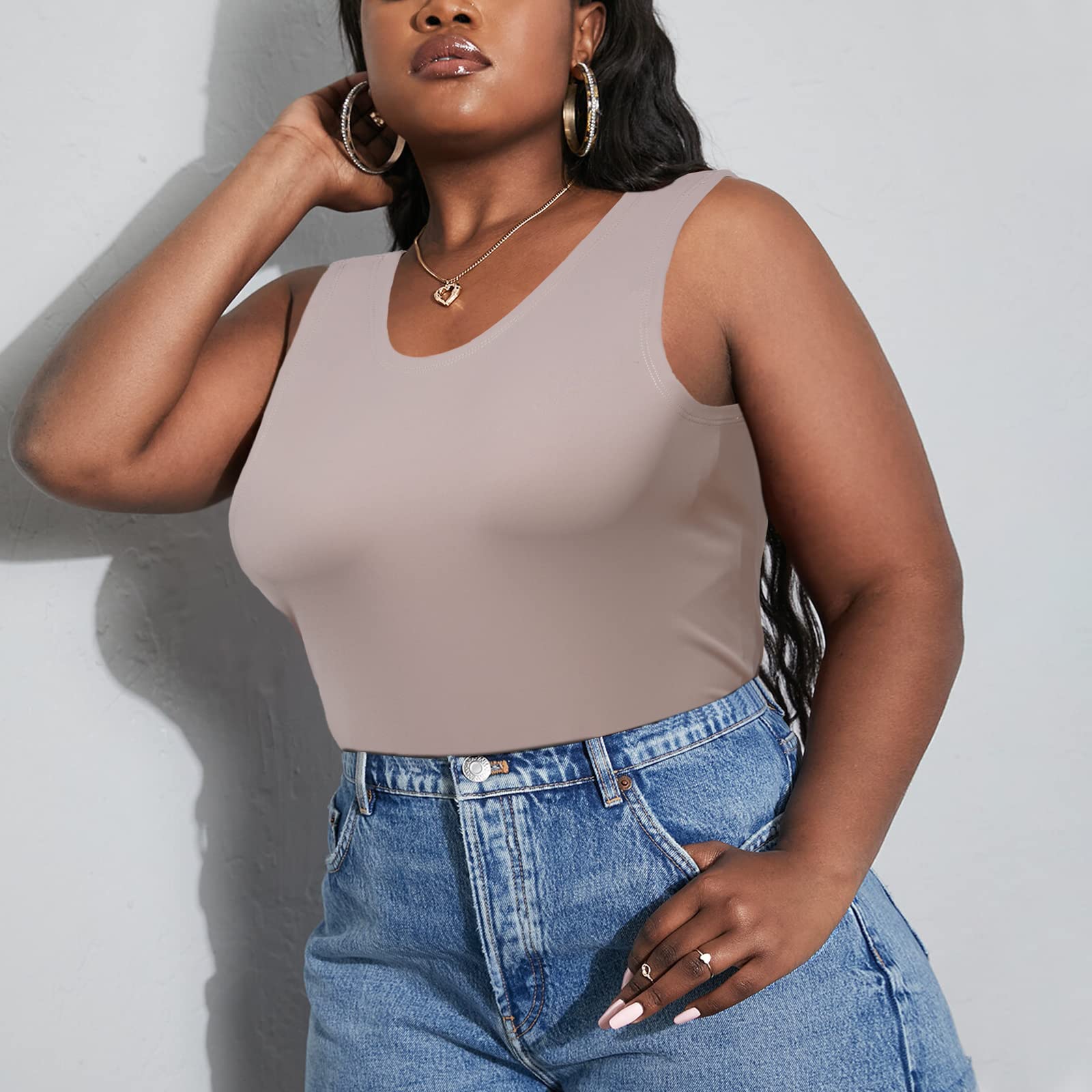 Crew Neck Sleeveless Slick Plus Size Bodysuit for Women - Khaki - Image 4