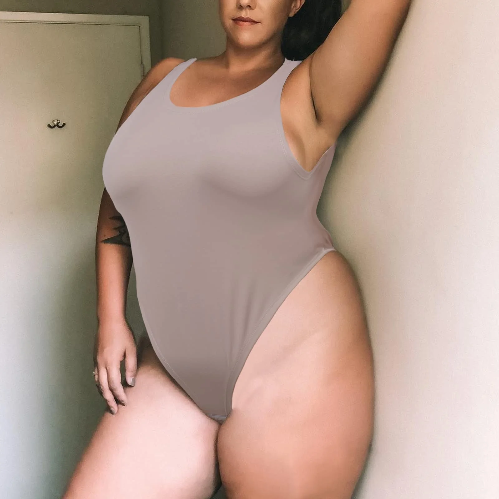 Crew Neck Sleeveless Slick Plus Size Bodysuit for Women - Khaki - Image 5