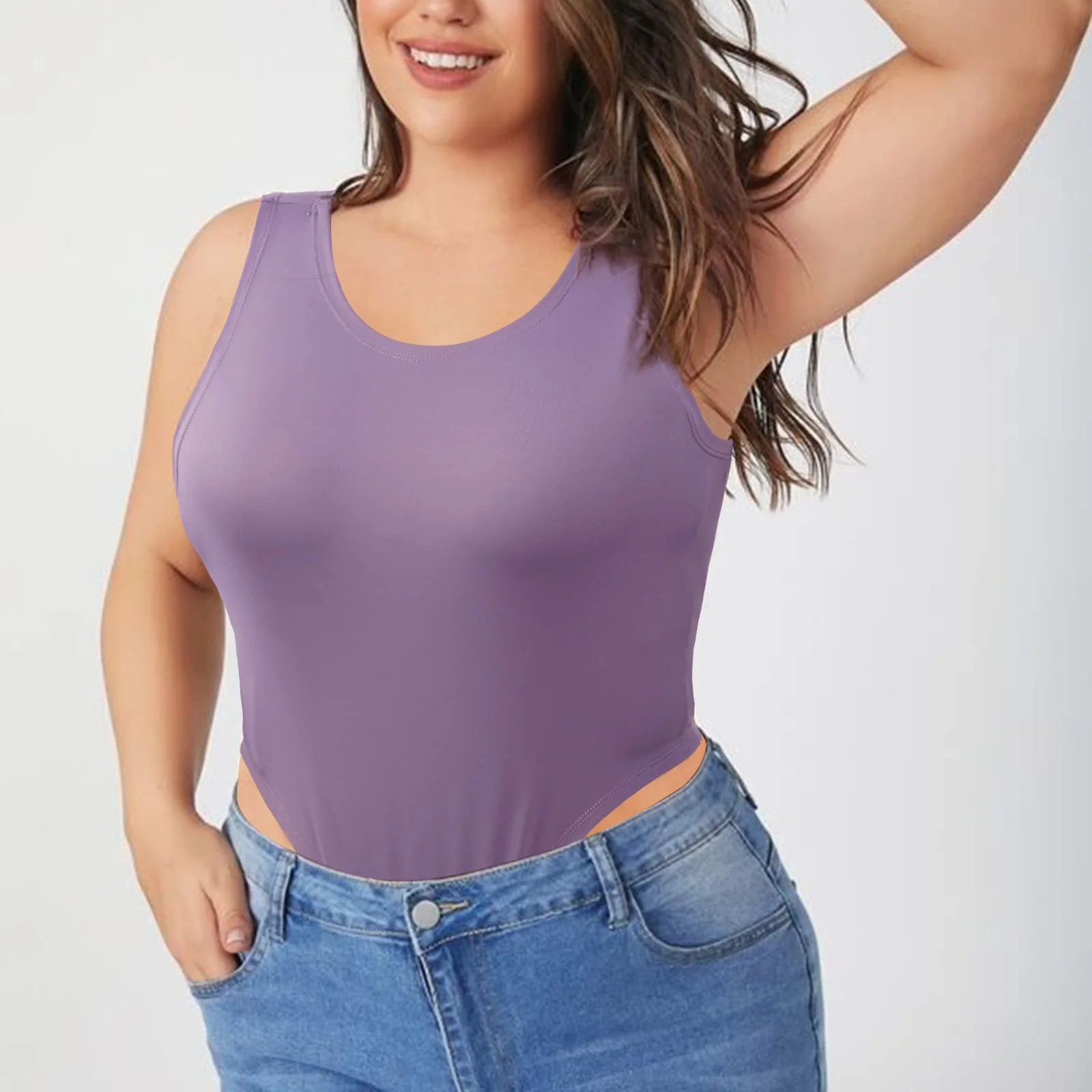 Crew Neck Sleeveless Slick Plus Size Bodysuit for Women - Lavender - Image 3