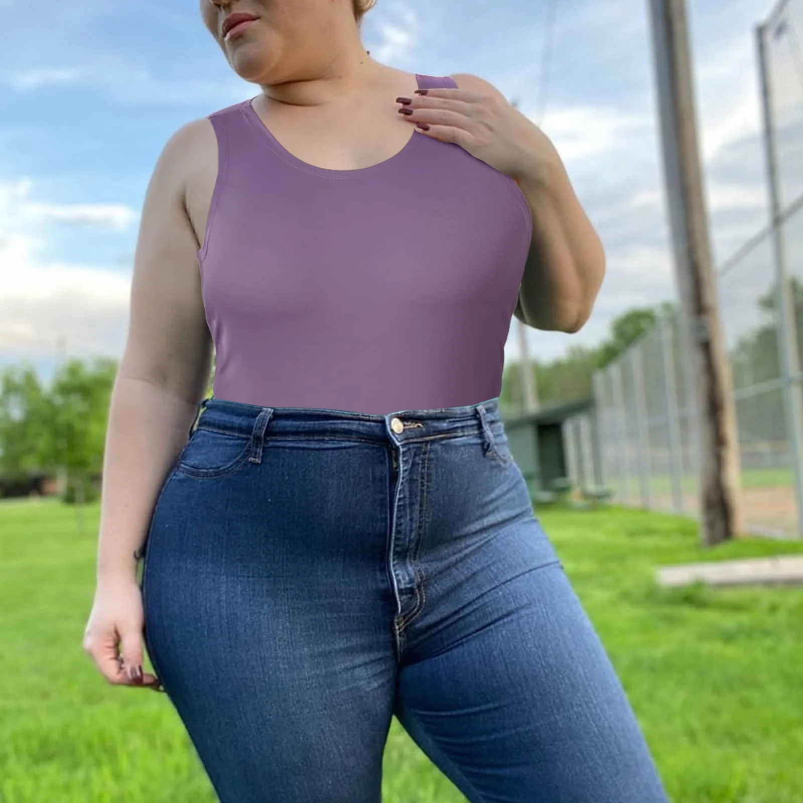 Crew Neck Sleeveless Slick Plus Size Bodysuit for Women - Lavender - Image 5