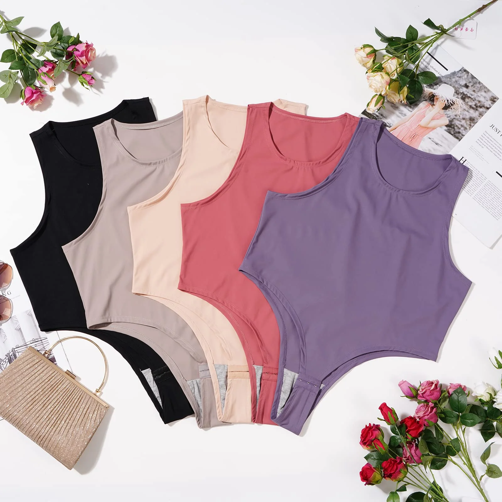 Crew Neck Sleeveless Slick Plus Size Bodysuit for Women - Lavender - Image 6