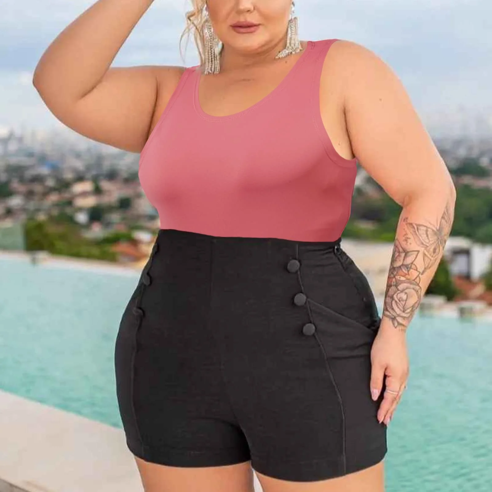 Crew Neck Sleeveless Slick Plus Size Bodysuit for Women - Magenta - Image 4