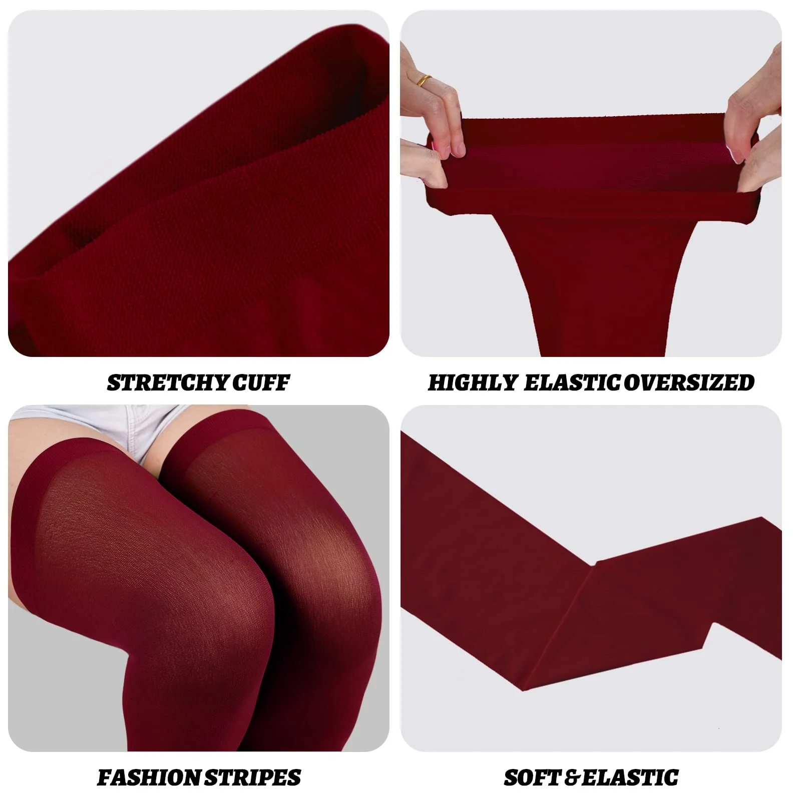 Extra Long Womens Opaque Over Knee High Stockings-Burgundy - Image 6