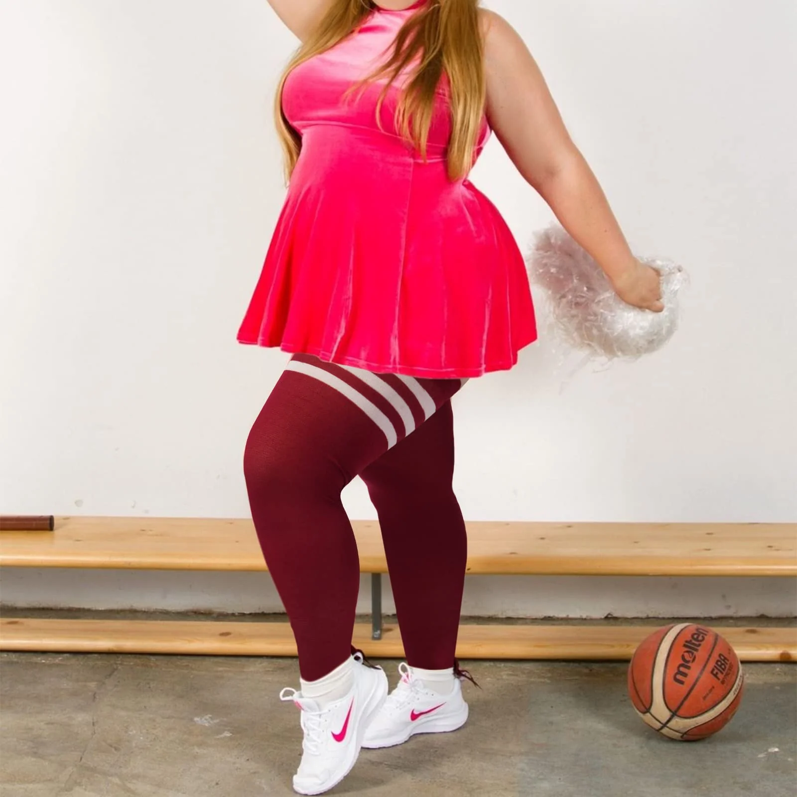 Extra Long Womens Opaque Striped Over Knee High Stockings-Burgundy & White - Image 3