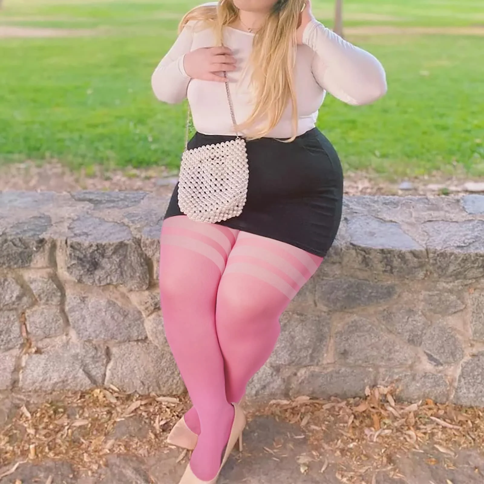 Extra Long Womens Opaque Striped Over Knee High Stockings-Pink & White - Image 3