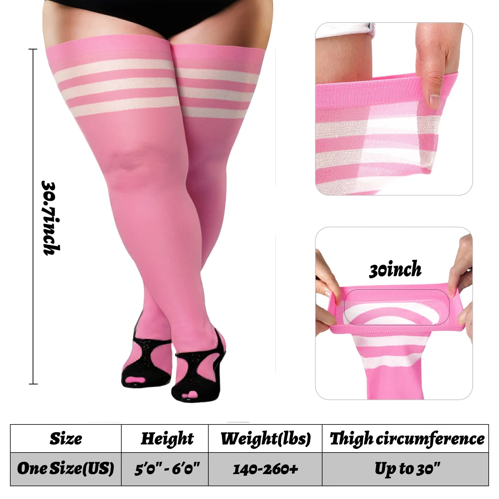 Extra Long Womens Opaque Striped Over Knee High Stockings-Pink & White - Image 4