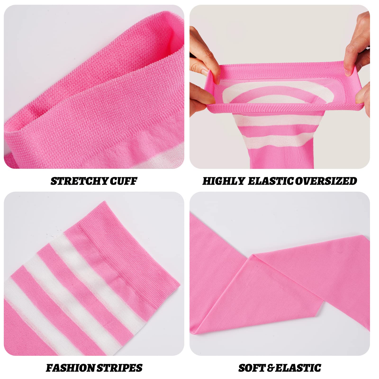Extra Long Womens Opaque Striped Over Knee High Stockings-Pink & White - Image 5