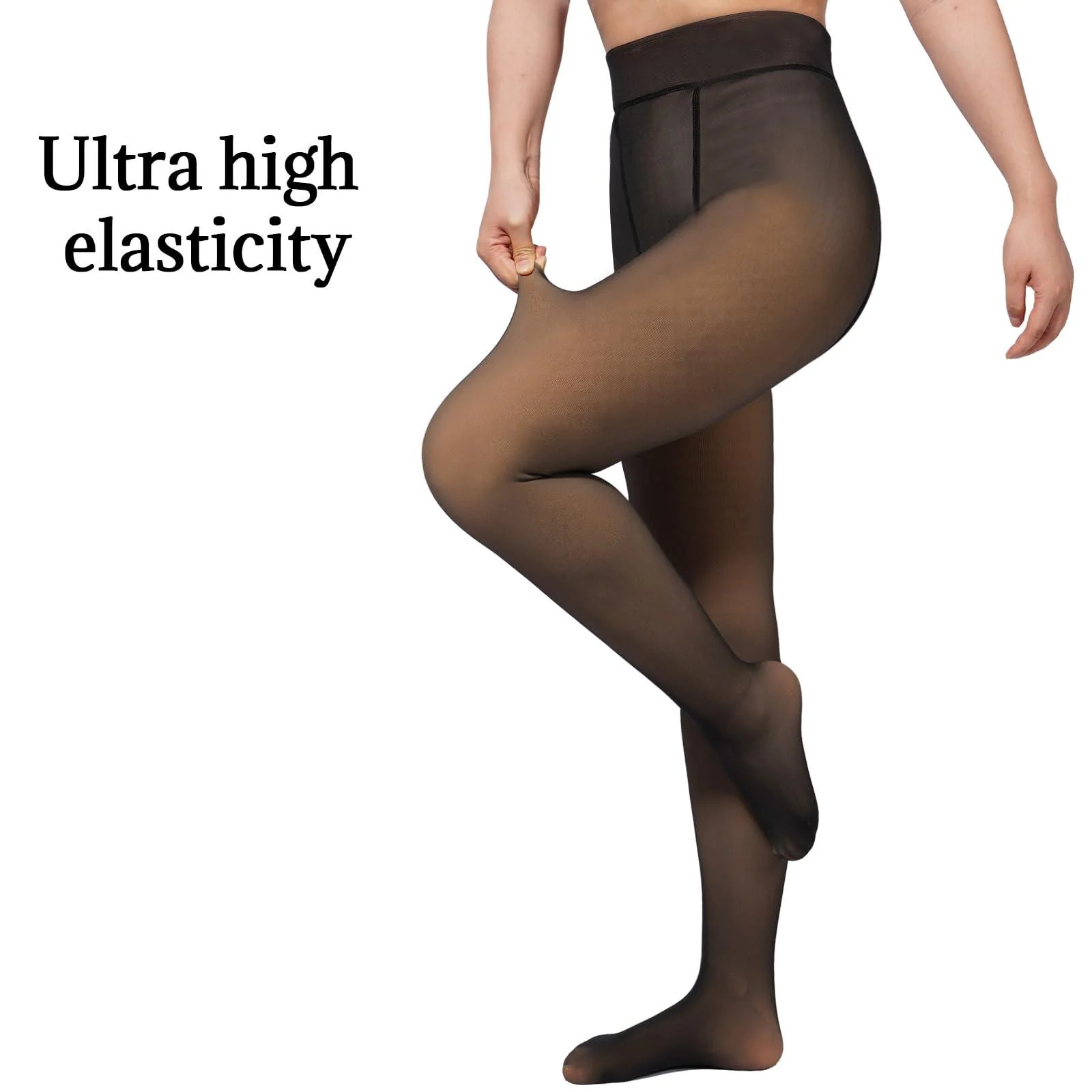 Translucent Fleece Lined Tights for Women - Black - Image 4