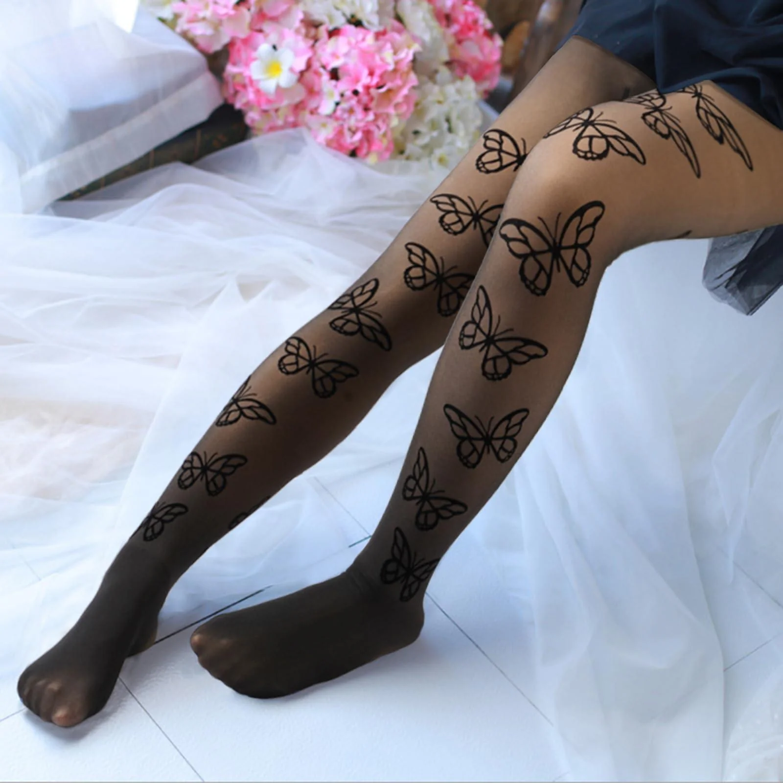 Translucent Fleece Lined Tights for Women - Butterfly - Image 4