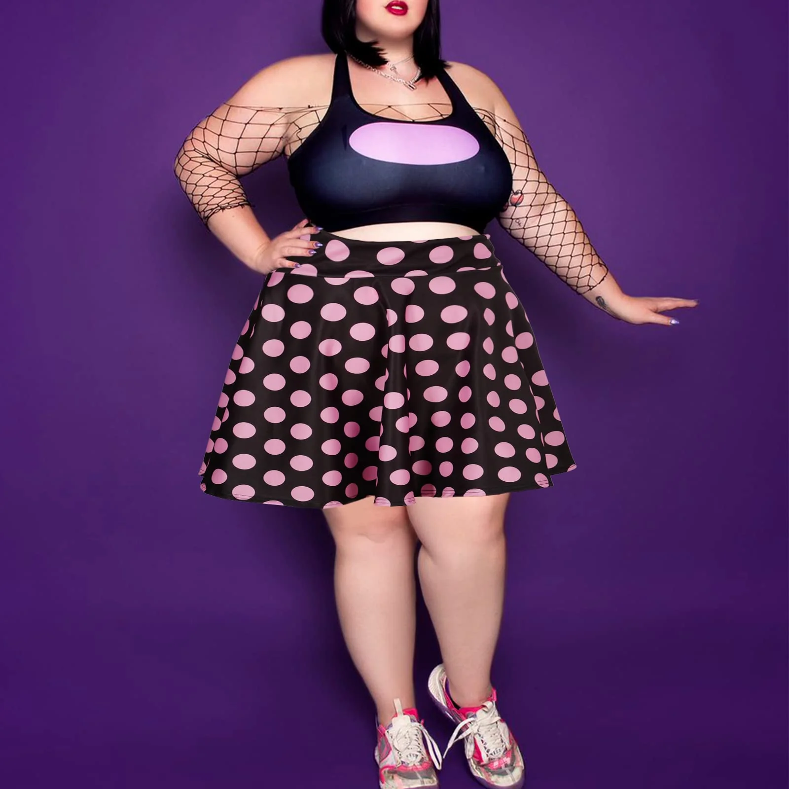 High Waisted Skater Skirt Plus Size-Black & Pink Dots - Image 3