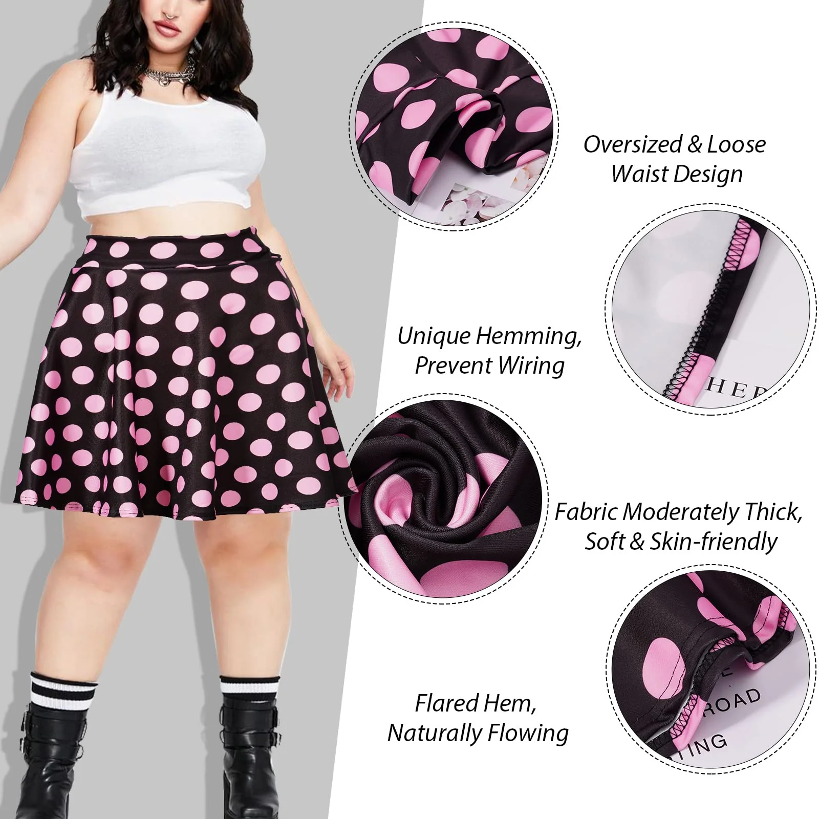 High Waisted Skater Skirt Plus Size-Black & Pink Dots - Image 4